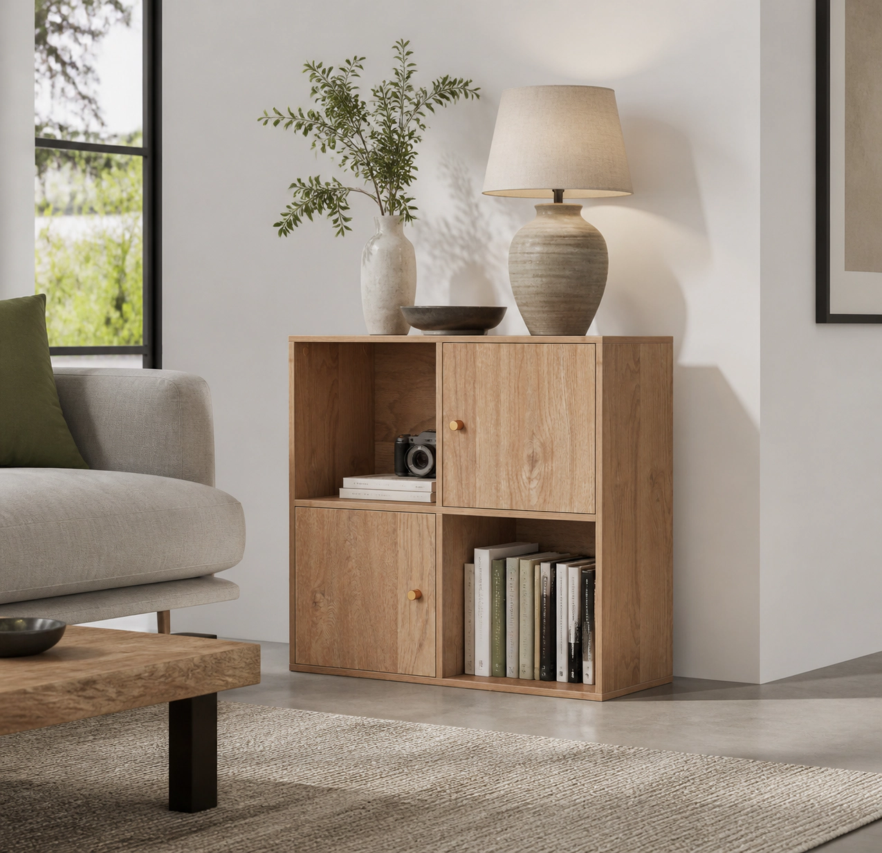 SUGIFT 4-Cube Natural 3-Tier Small Bookshelf with Doors 2 Storage Cabinets and Anti-Tipping Kits