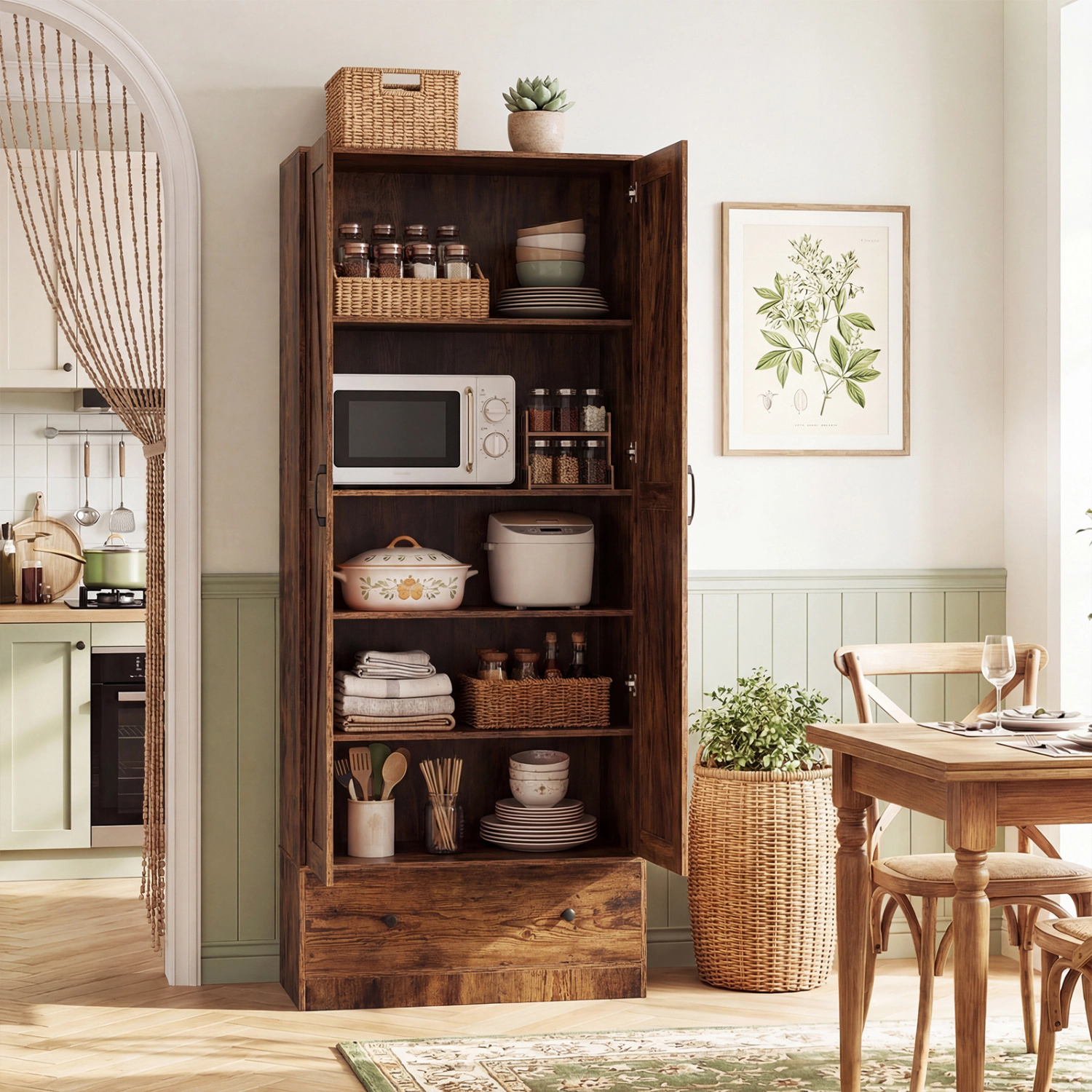 SUGIFT 72-in Tall 230-lb Capacity Rustic Brown Farmhouse Pantry Cupboard with 2 Doors and Bottom Drawer