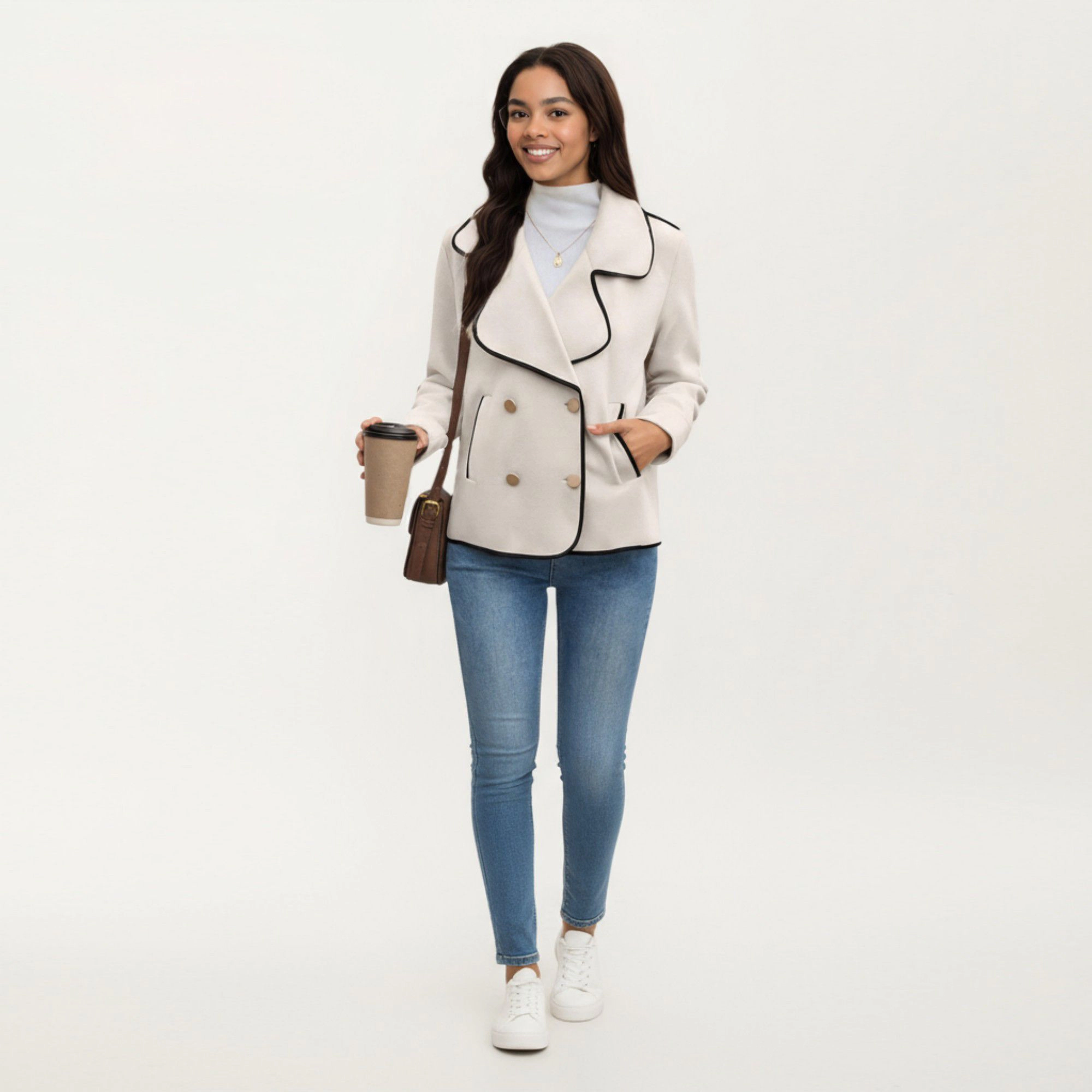 Anna-Kaci Women's Double Breasted Peacoat with Contrast Trim and Wide Lapel Collar