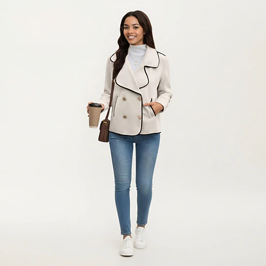 Anna-Kaci Women's Double Breasted Peacoat with Contrast Trim and Wide Lapel Collar
