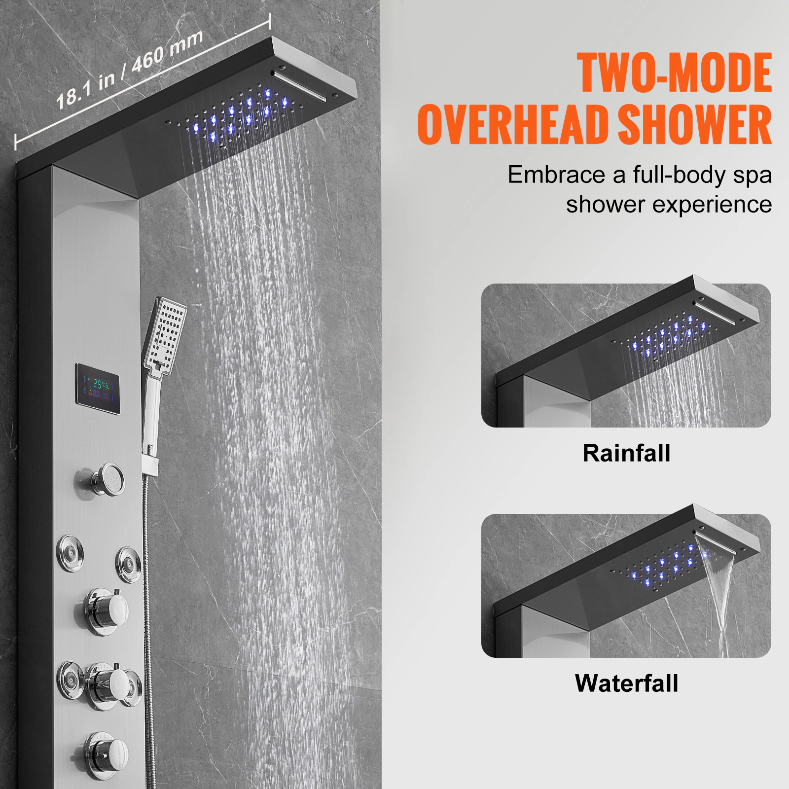 HONGGE 6-Mode LED Shower Tower Panel, Rainfall, Waterfall & 8 Massage Jets