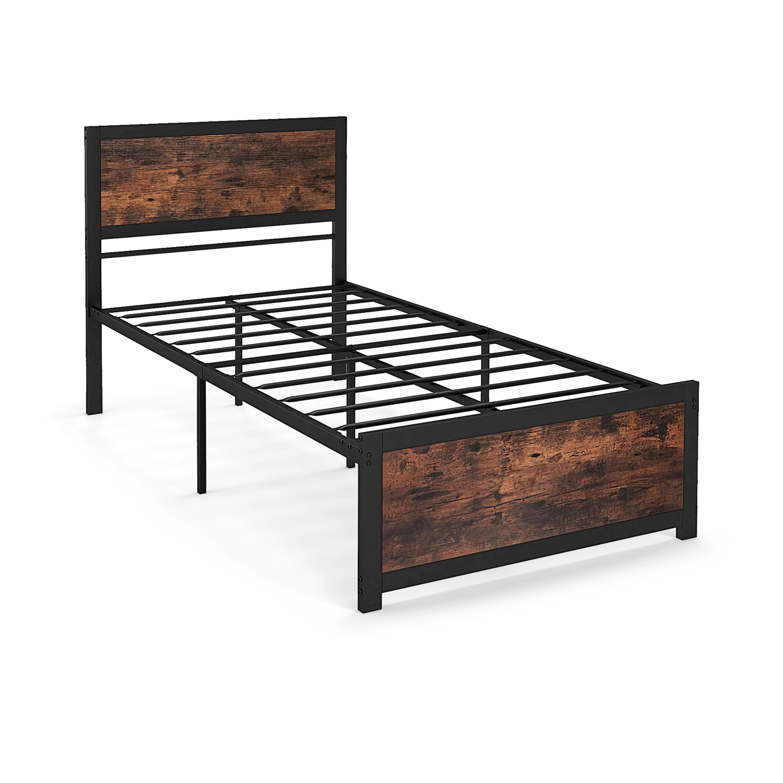 SUGIFT Sprayed Metal Twin Bed Frame with High Headboard and Mute Bars 490-Lb Capacity 77-in Length Rustic Brown & Black