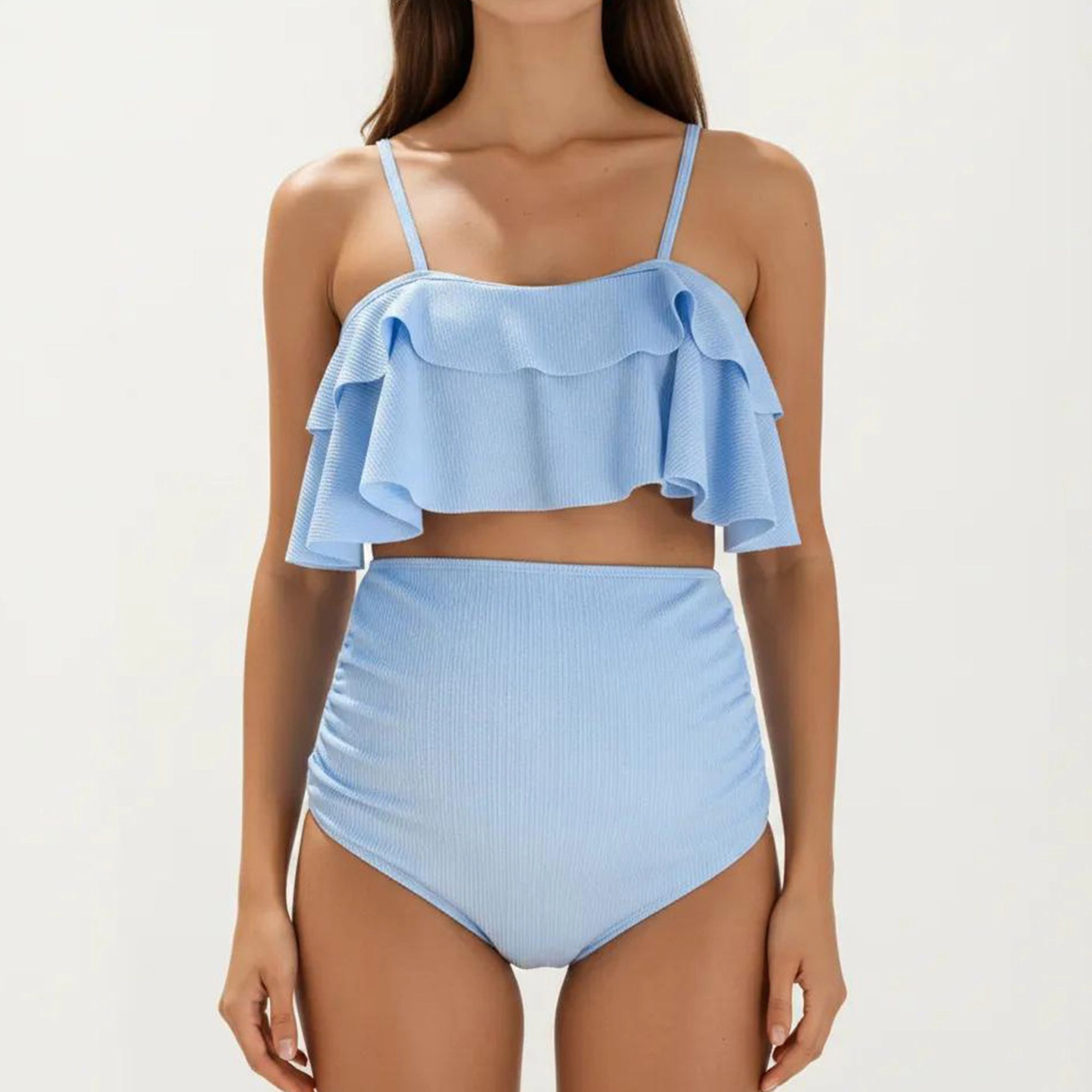 Anna-Kaci Women Ribbed Maternity Two-Piece Bikini Set Ruffle Top High-Waisted Bottom