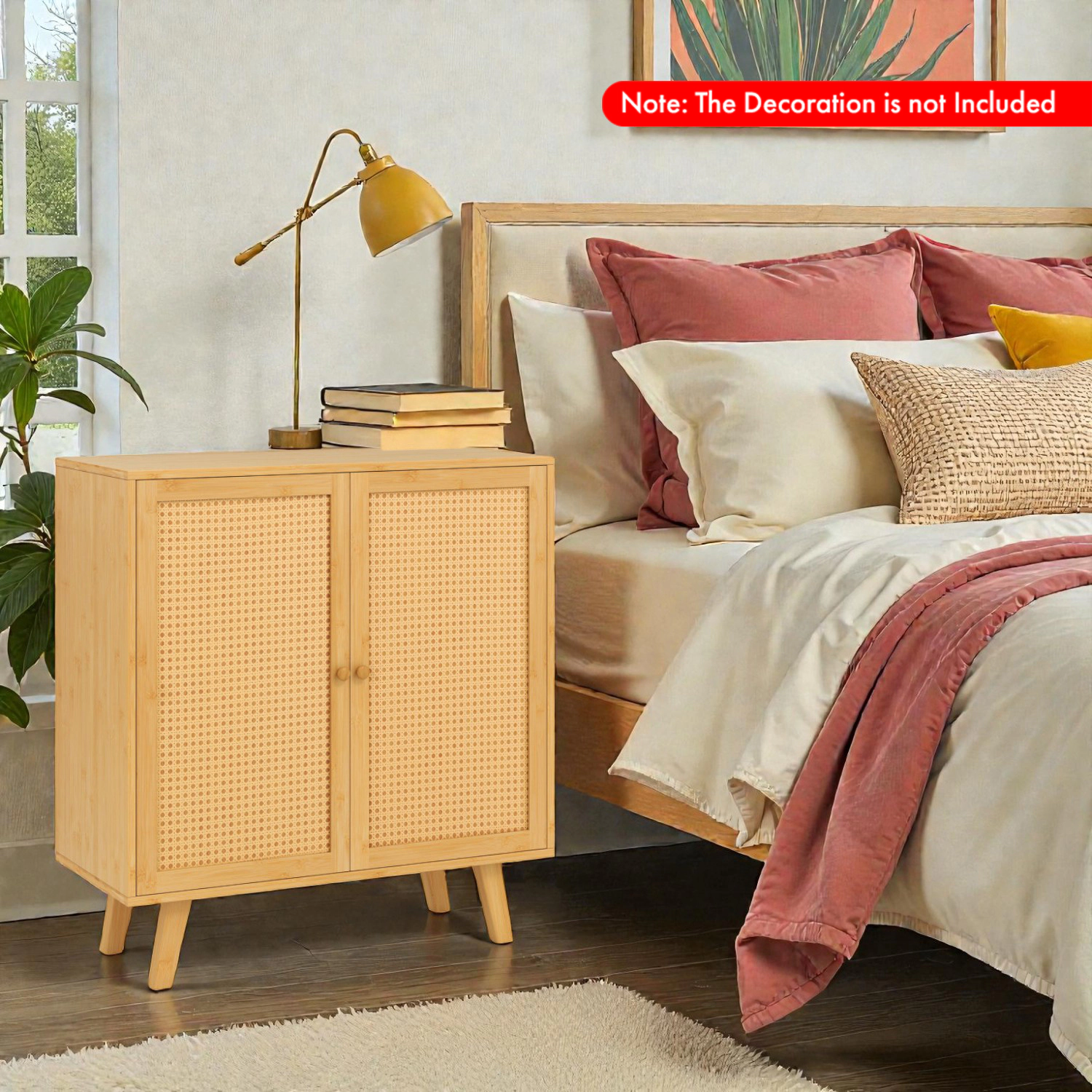 Hivvago Freestanding Bamboo Buffet with Woven PE Rattan Doors and Ample Storage