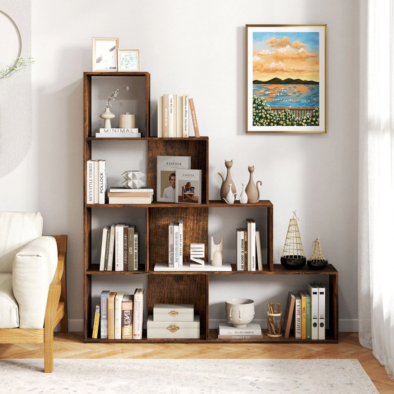 SUGIFT 4-Tier Rustic Brown 60-in Wide Stepped Bookshelf Room Divider with 6 Cubes and Freestanding Ladder