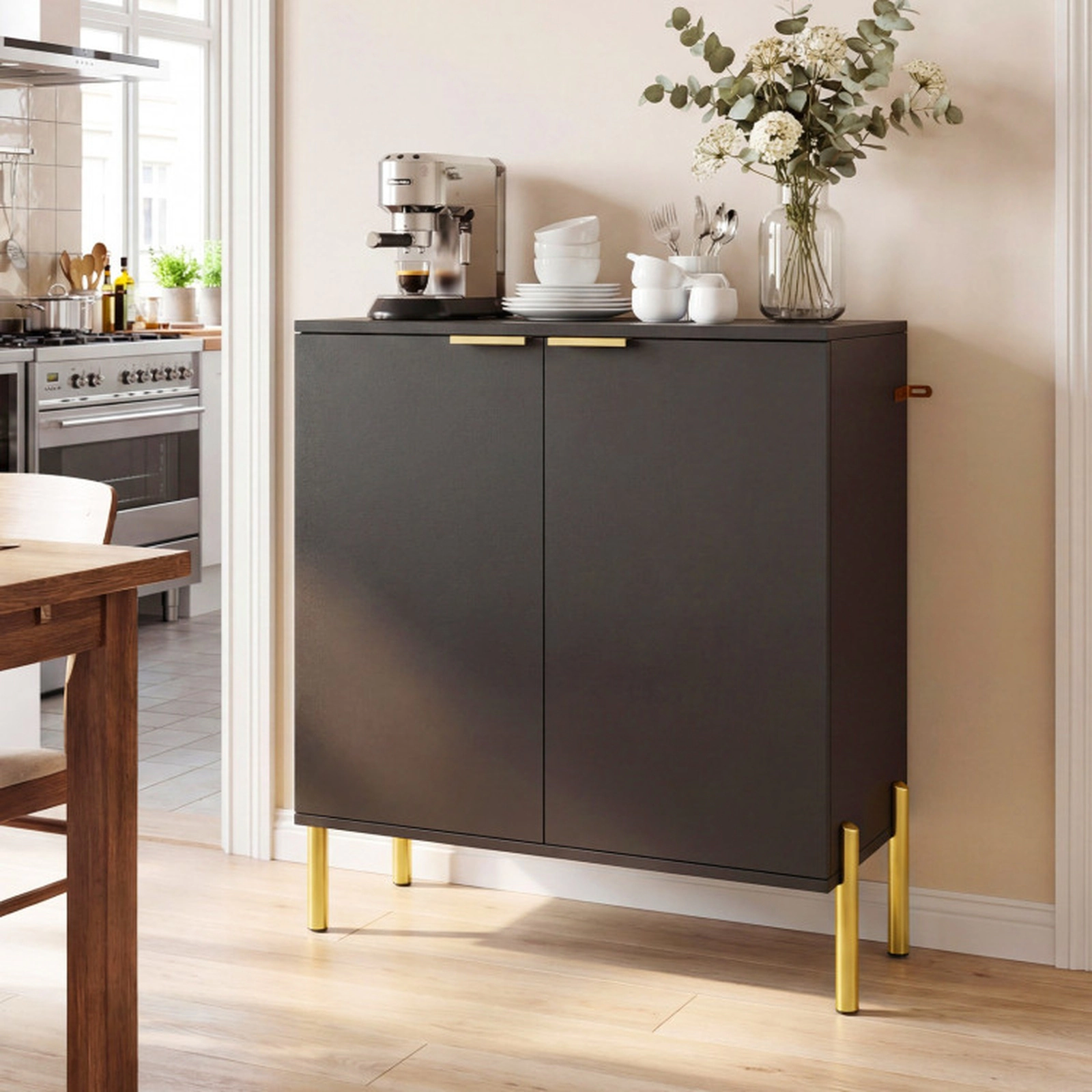 SUGIFT Set of 2 135-lb Top Capacity 31-in Black 2-Door Buffet Cabinet Sideboards with Elevated Metal Legs