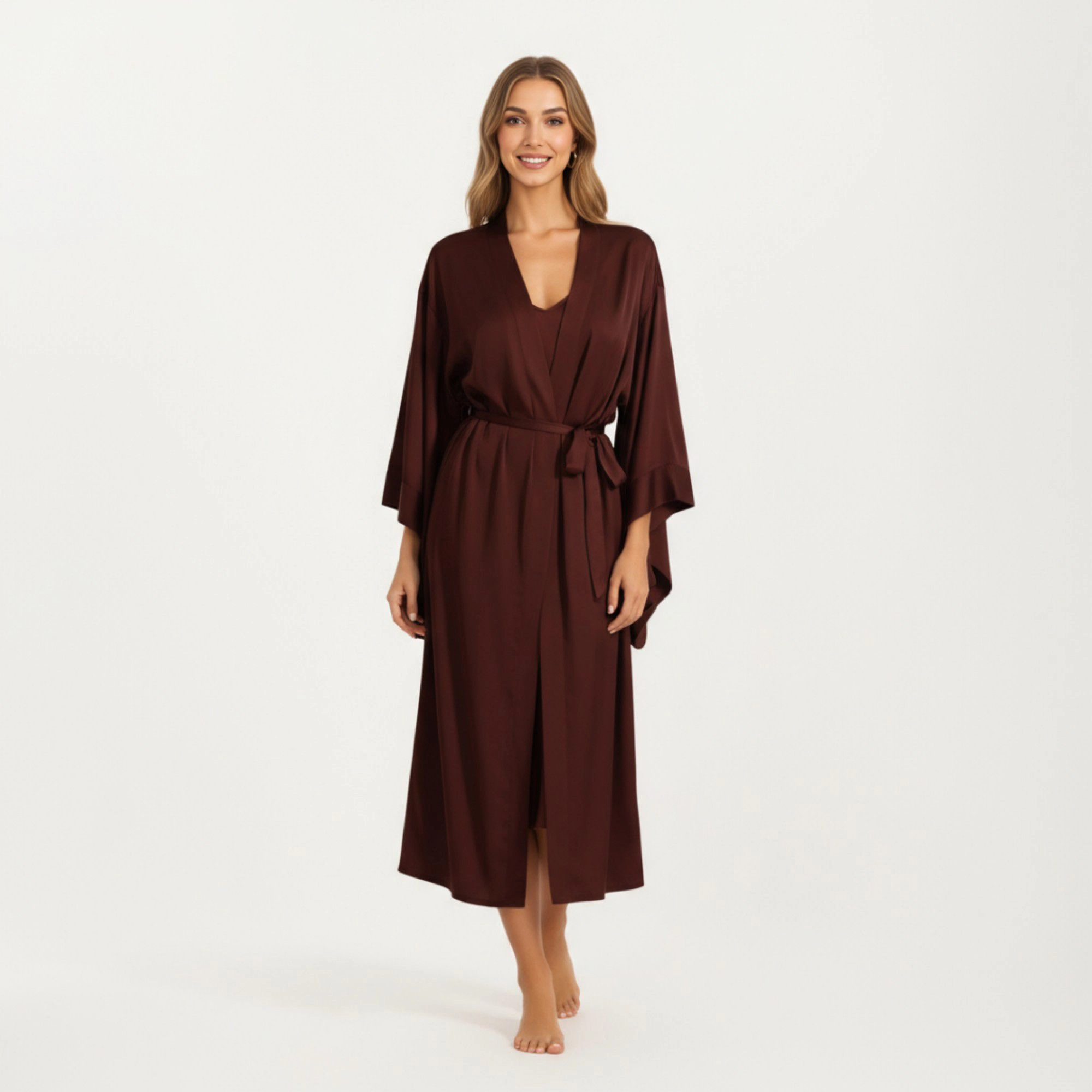 Anna-Kaci Women's Satin Mid-Length Robe with Waist Tie and Wide Sleeves