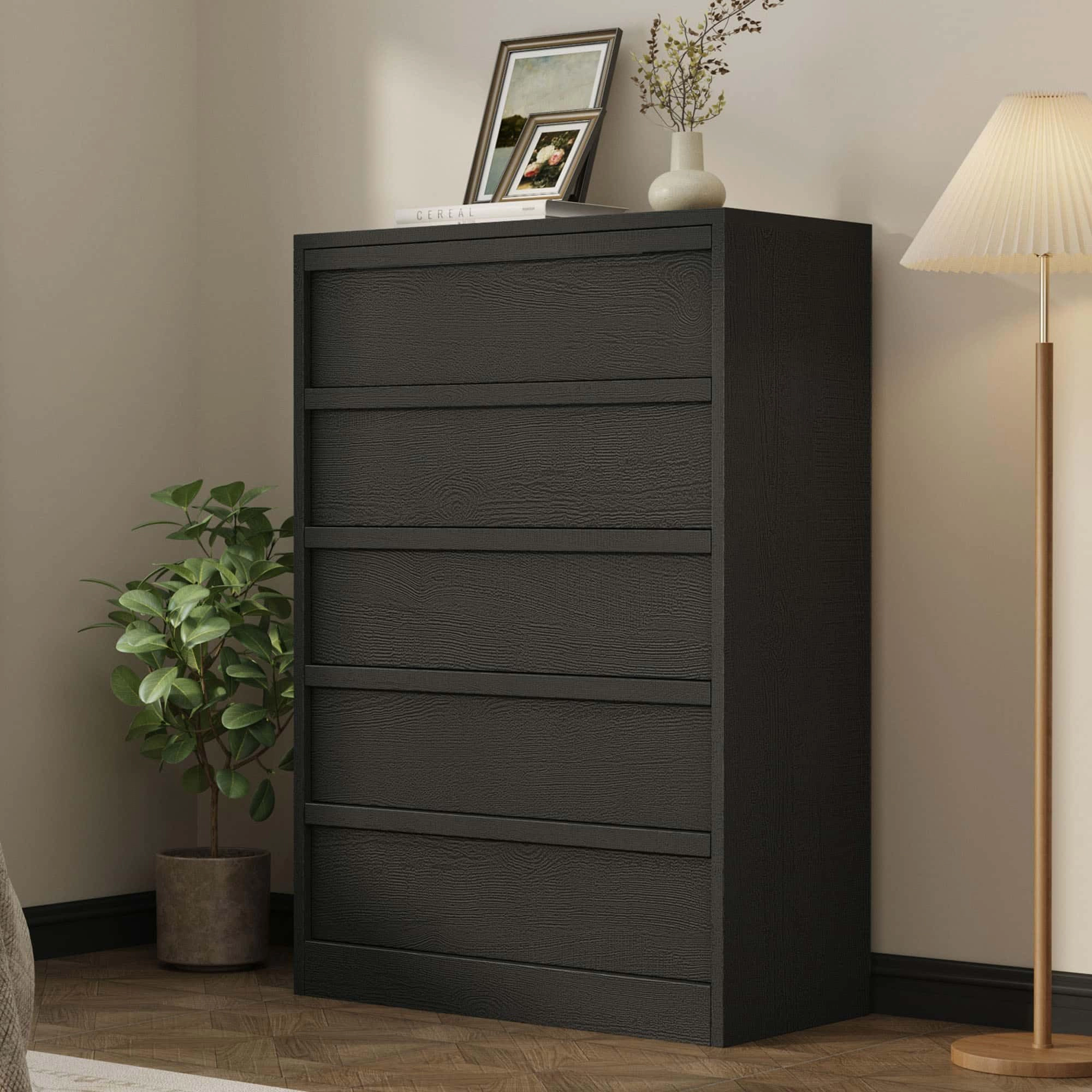5 Drawer Dresser, Freestanding MDF Chest of Drawers with Storage Top and Anti-Tip Hardware for Bedroom