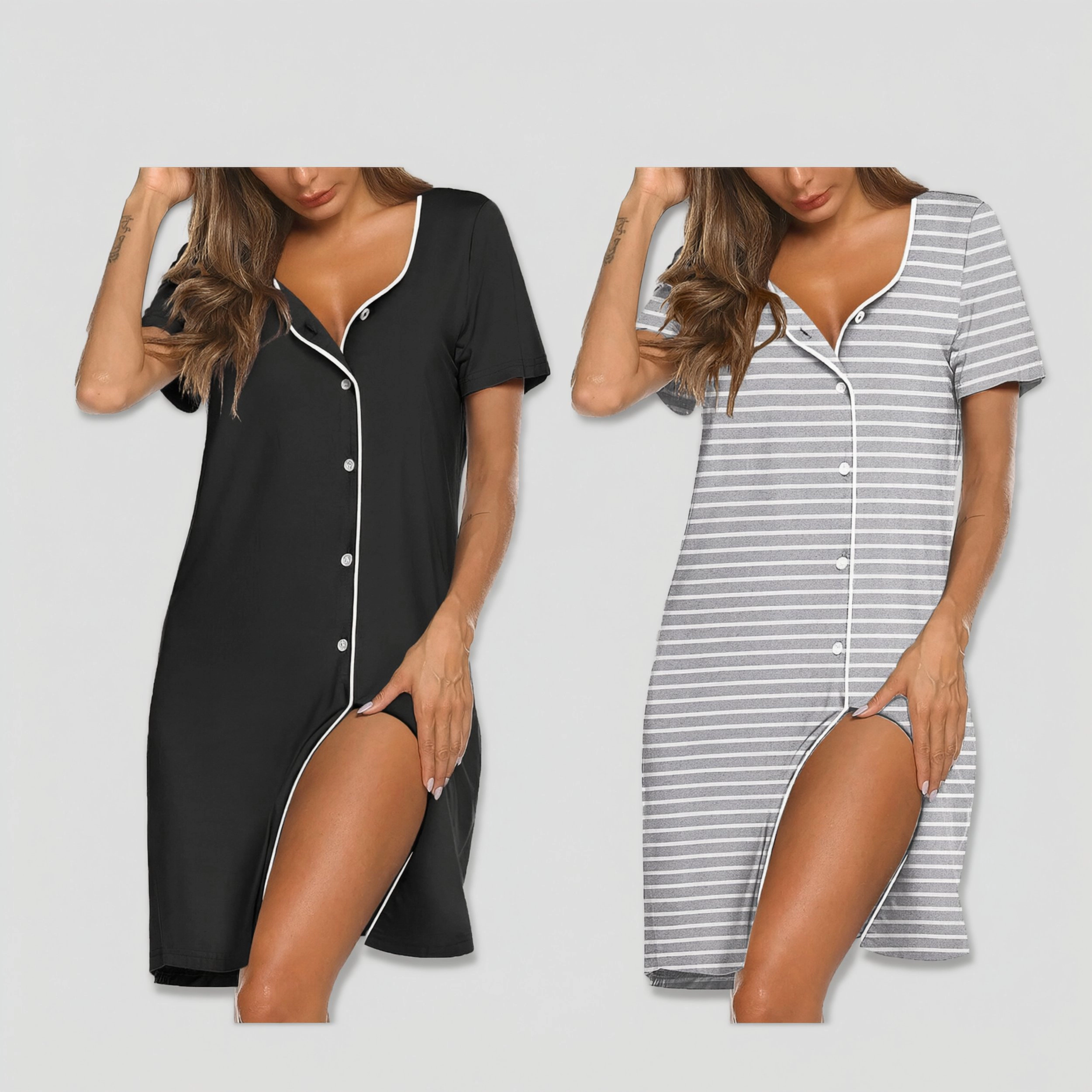 Ekouaer Women's Short Sleeve Button Down Sleepshirt Nightgown 2 Pack