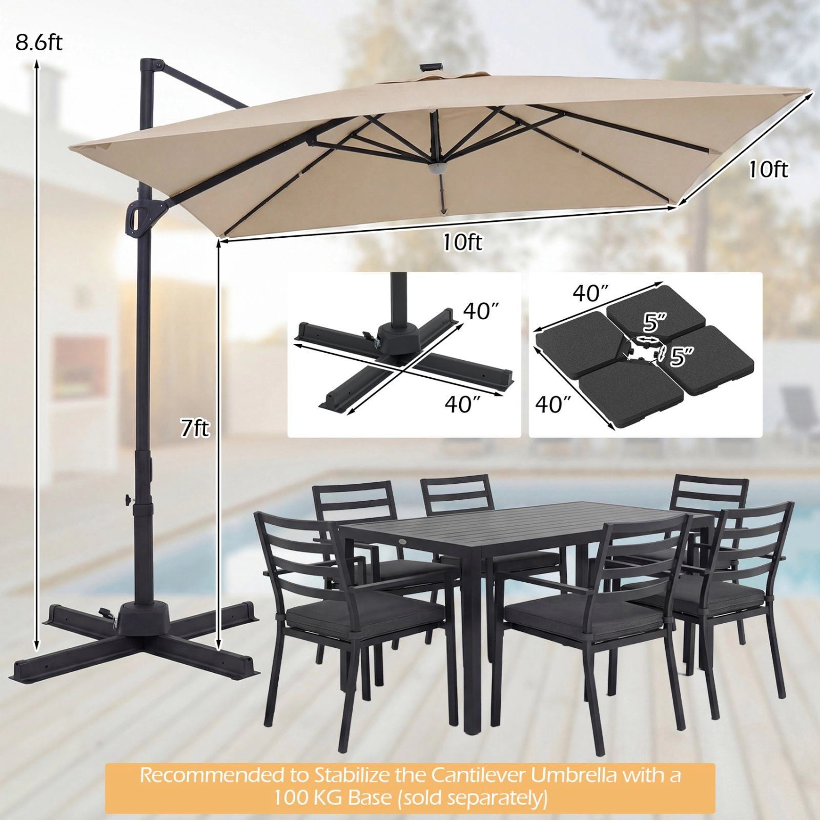 SUGIFT Solar LED Cantilever Patio Umbrella with Crank Lift 10-ft Canopy with 360-Degree Rotation and Tilt Beige