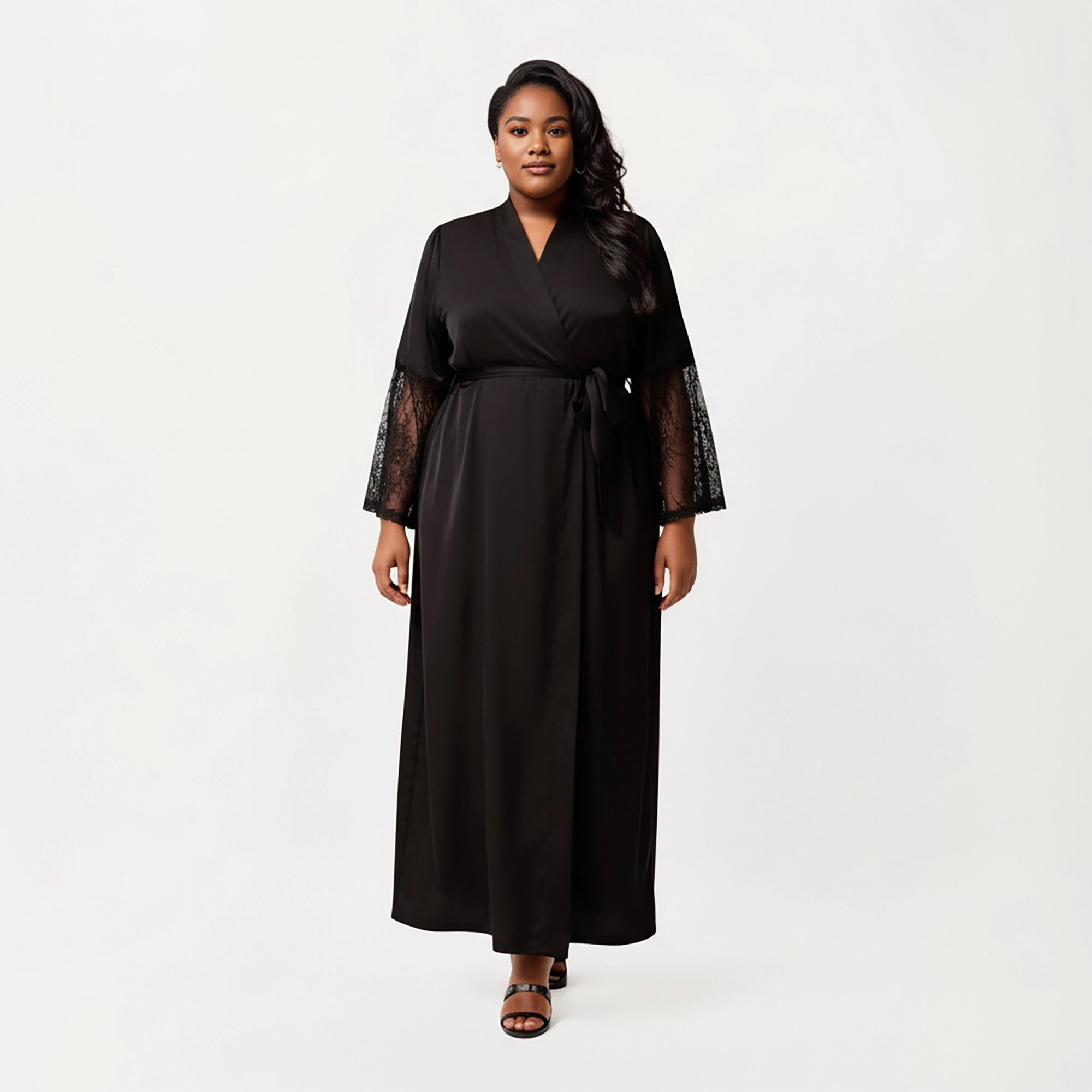 Anna-Kaci Women's Plus Long Satin Robe Sheer Lace Sleeve Panels and Adjustable Tie Waist for a Flowing Silhouette