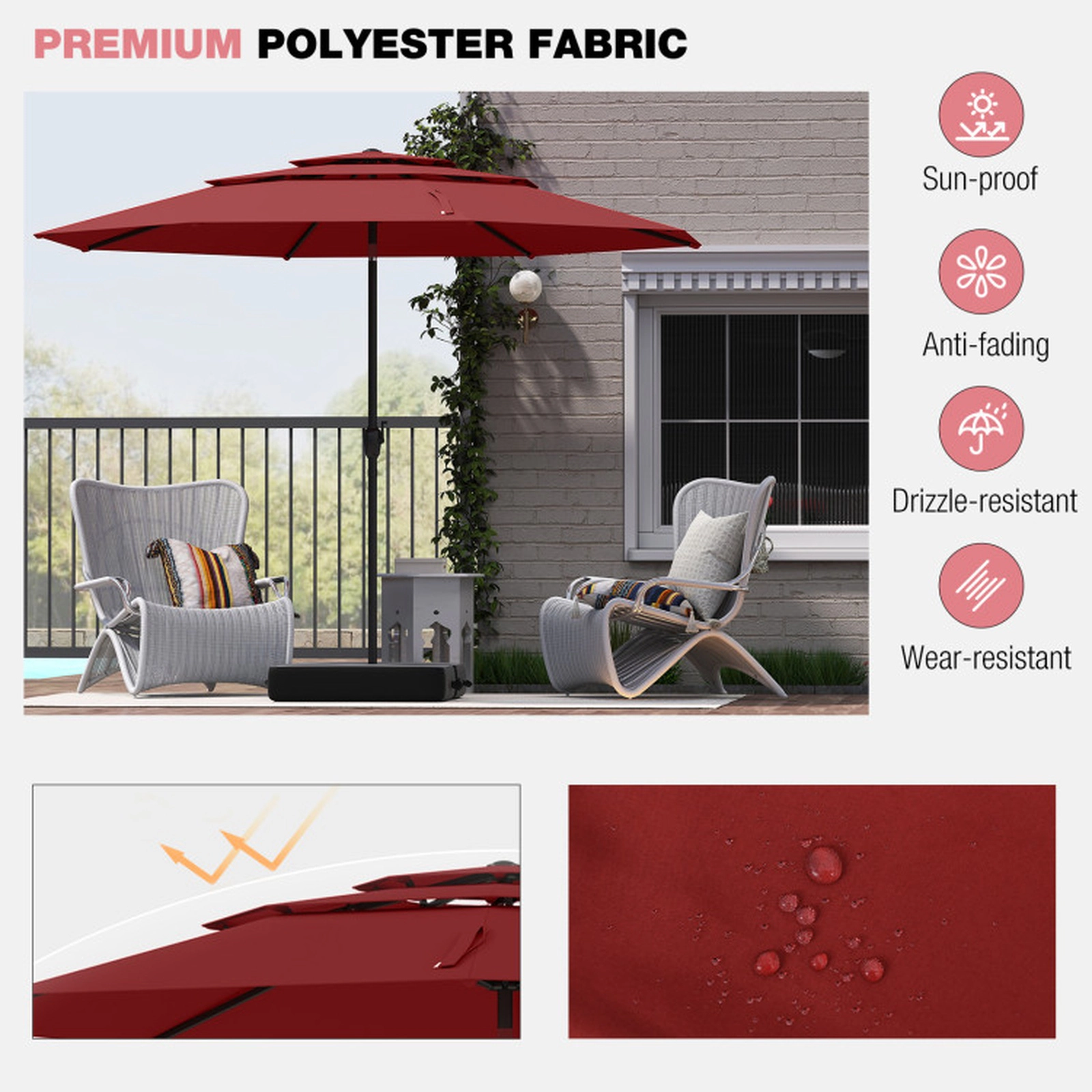 SUGIFT 10-ft Red Round Market Patio Umbrella with 3-Tier Vented Canopy Push Button Tilt and Crank Lift