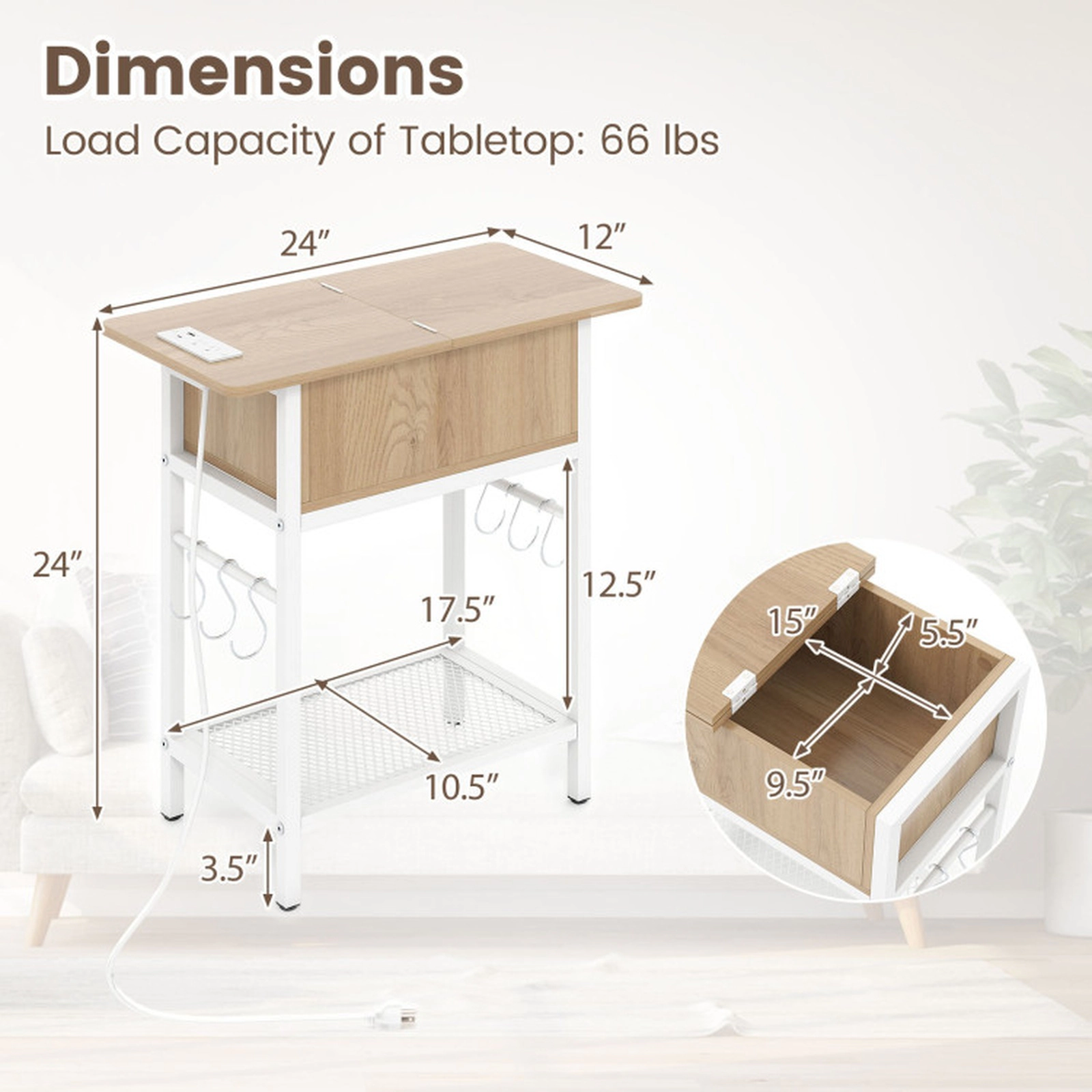 SUGIFT Set of 2 24-Inch End Tables with Charging Station, Hidden Storage and S Hooks