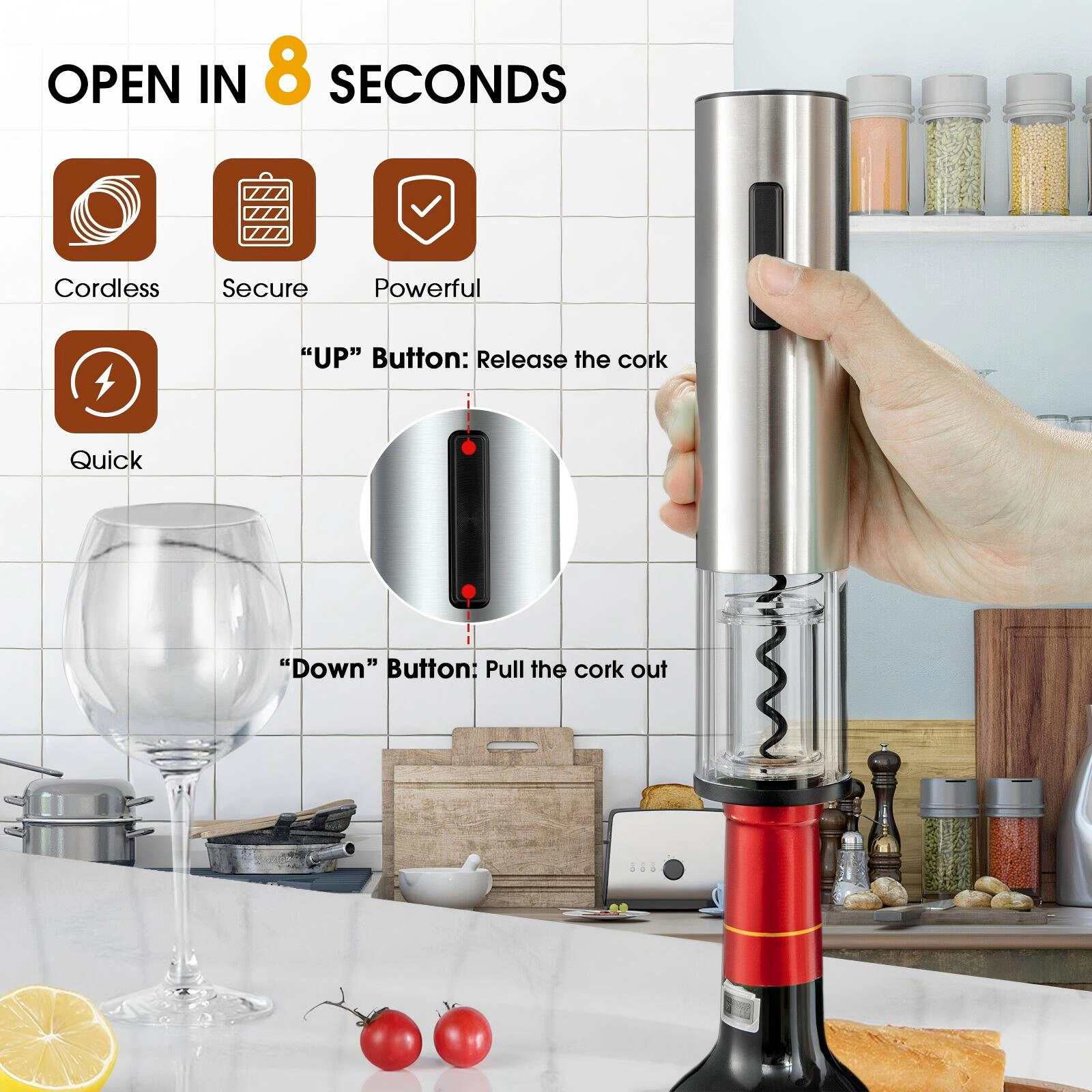 SUGIFT 6-in-1 Rechargeable Electric Wine Bottle Opener Set with Foil Cutter Pourer and 2 Stoppers