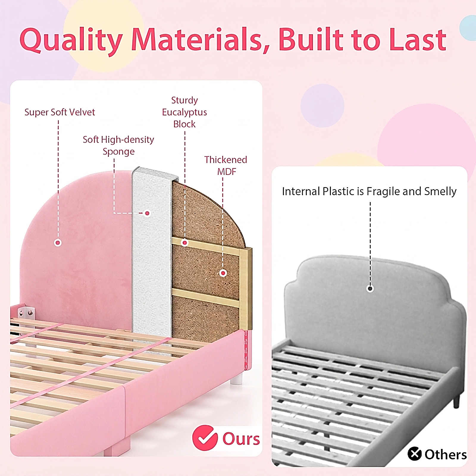 SUGIFT Kids Twin Size 400-lb Bed Capacity Upholstered Platform Bed Frame with Padded Headboard 80-in L 42-in W Pink