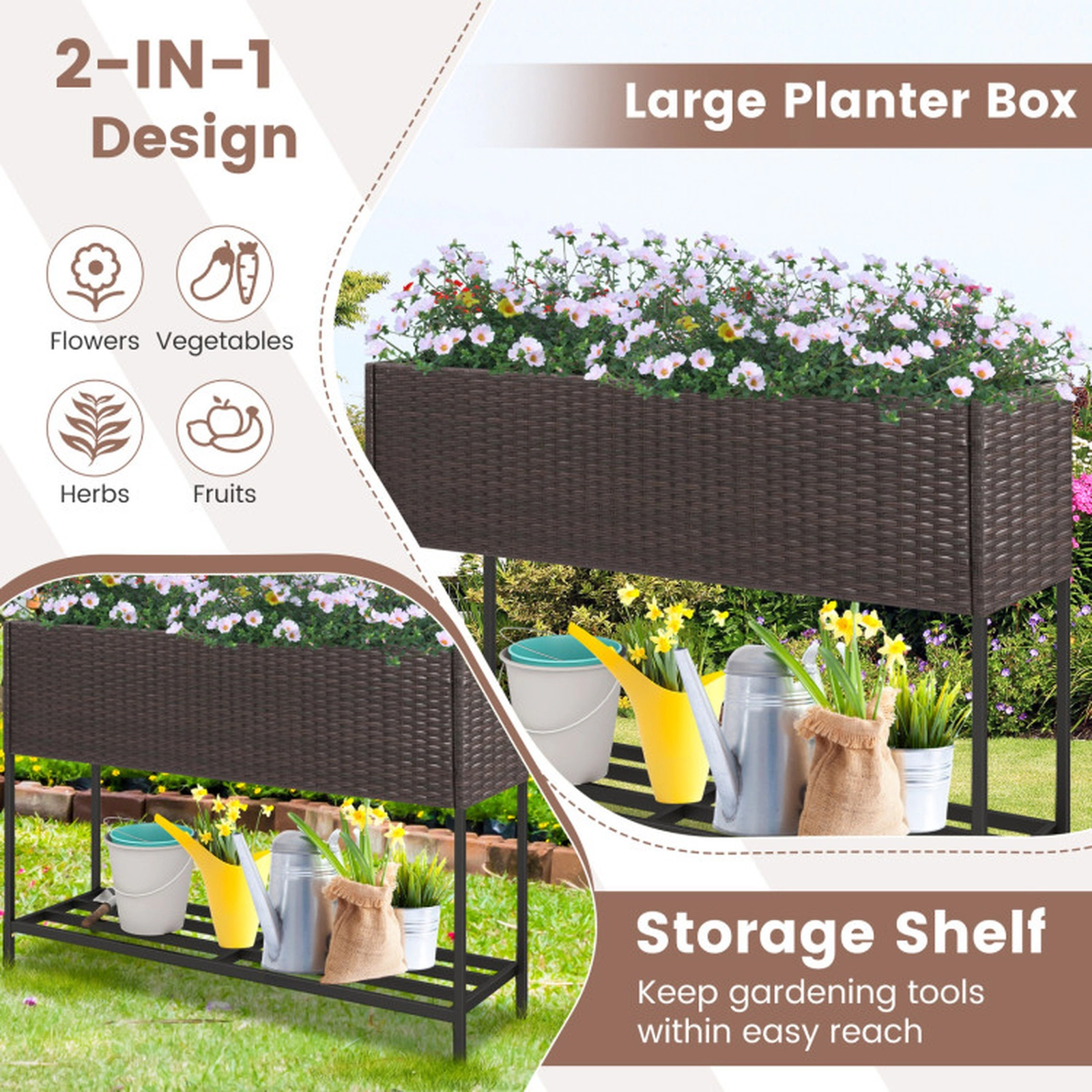 SUGIFT Raised Garden Bed with Storage Shelf and Drainage Gaps 132-lb Planter Box Capacity 66-lb Shelf Capacity Black