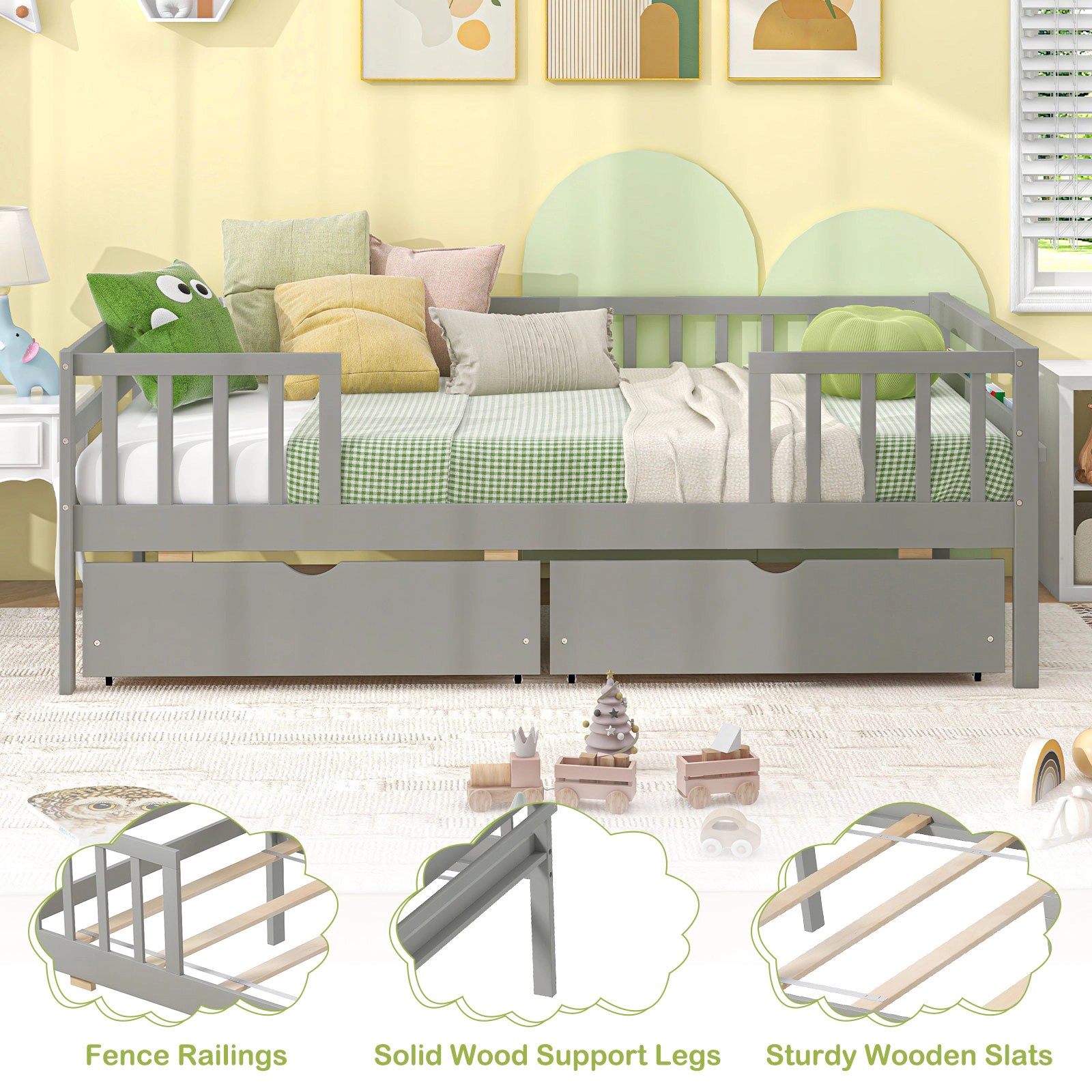 SUGIFT Gray Fence and 2 Storage Drawers for Boys and Girls Twin Kids Daybed