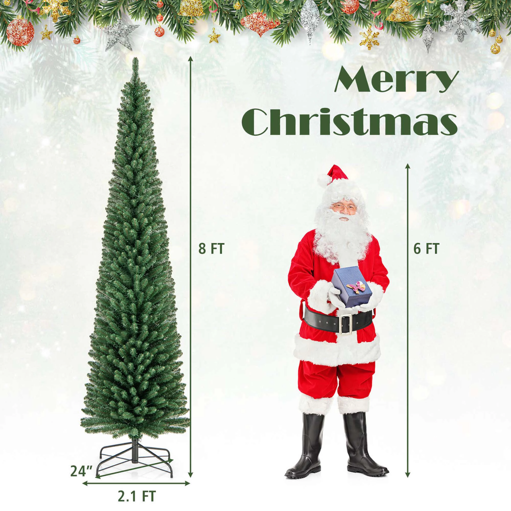 Costway 5/6/7/8 FT Pencil Christmas Tree with 295 Memory Wire Branch Tips 110/140/190/250 LED Lights for Home
