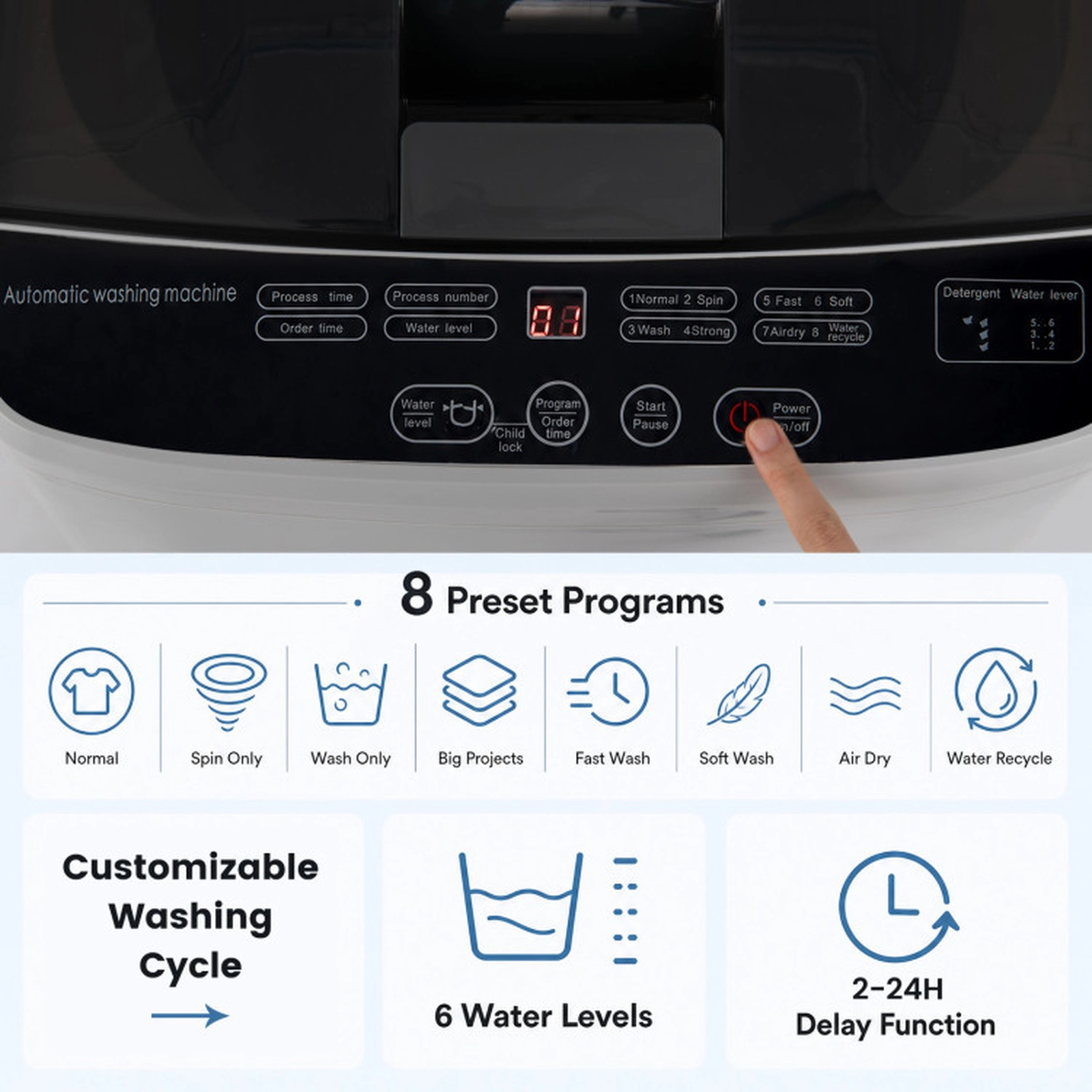 SUGIFT 7.7-lb Full Automatic Washing Machine with 8 Programs 6 Water Levels and Built-in Drain Pump