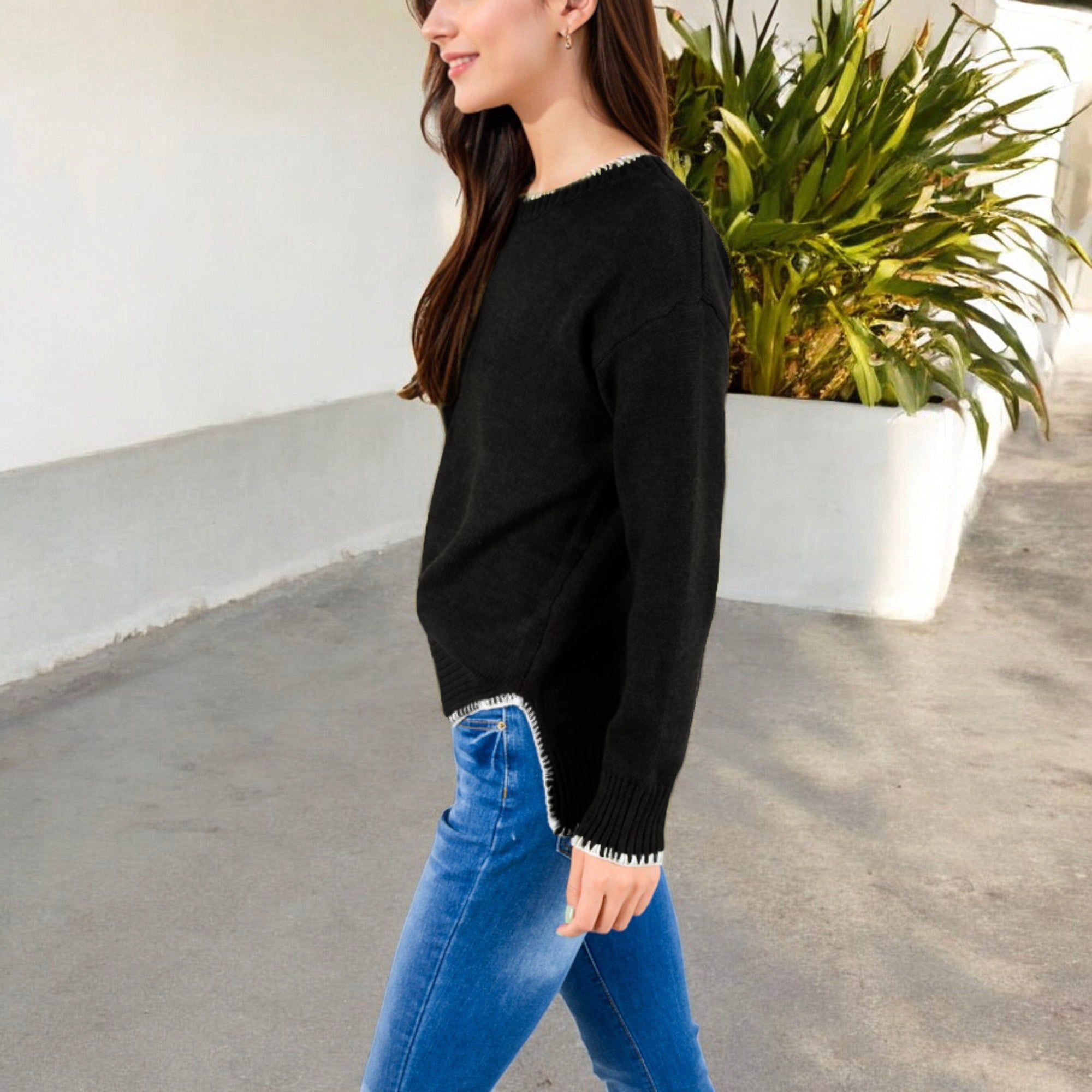 Anna-Kaci Women's Crew Neck Knit Sweater with Contrast Trim and Ribbed Hem