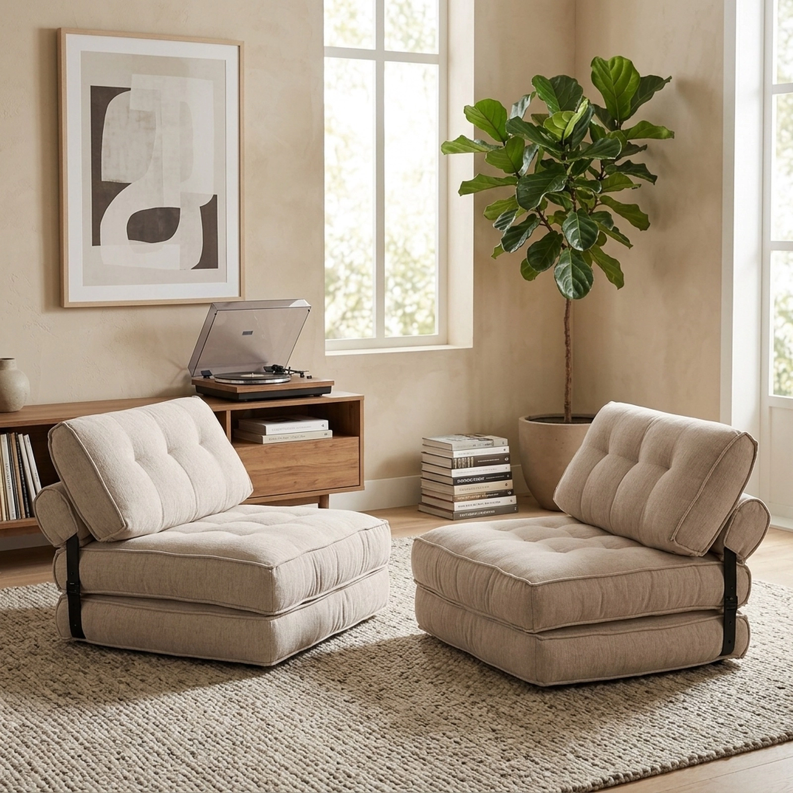 SUGIFT 3-in-1 Folding Chenille Accent Chair Sofa Lounger and Convertible Bed Set of 2 352-lb Capacity Beige