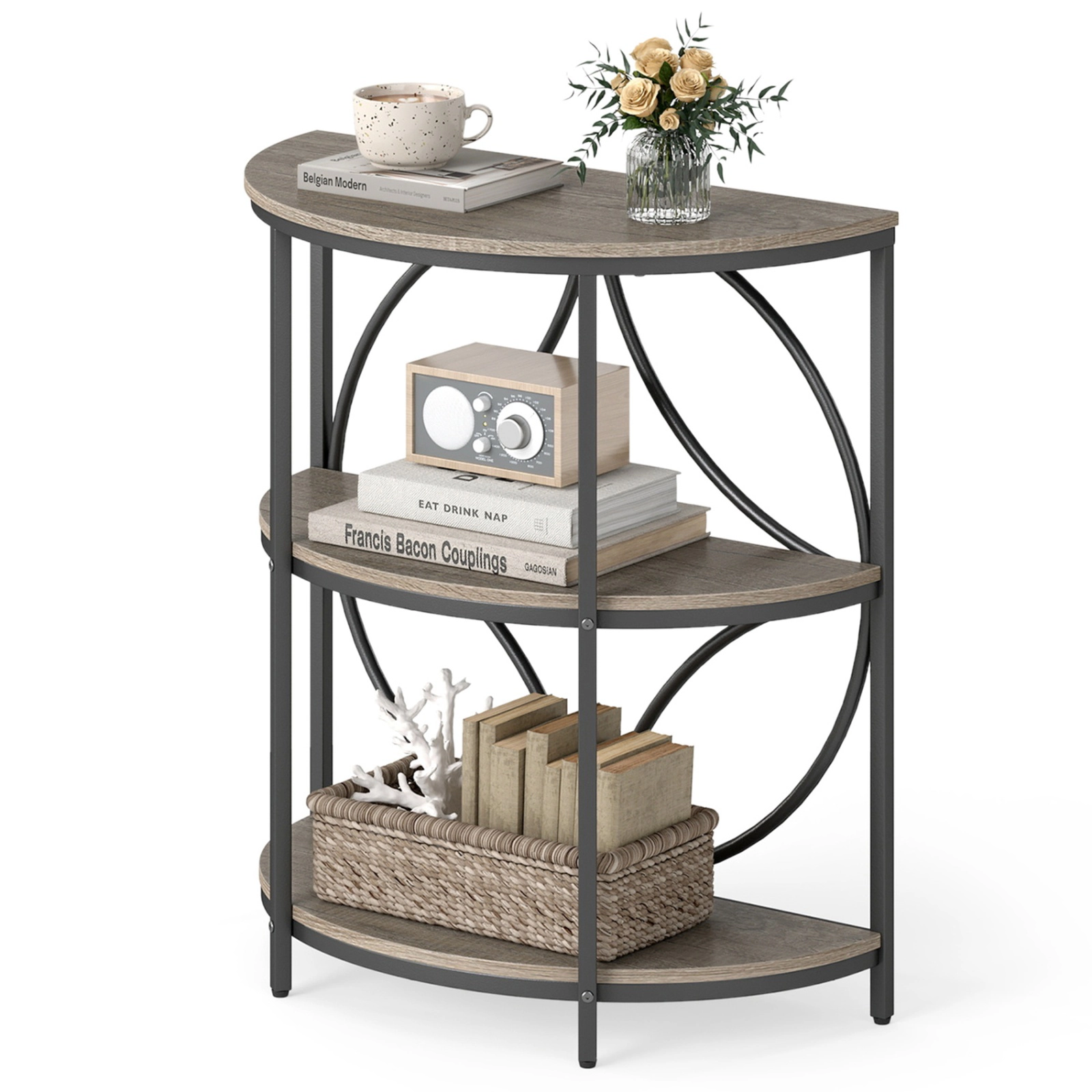 SUGIFT Metal Frame for Living Room 3-Tier Gray Half Round End Table