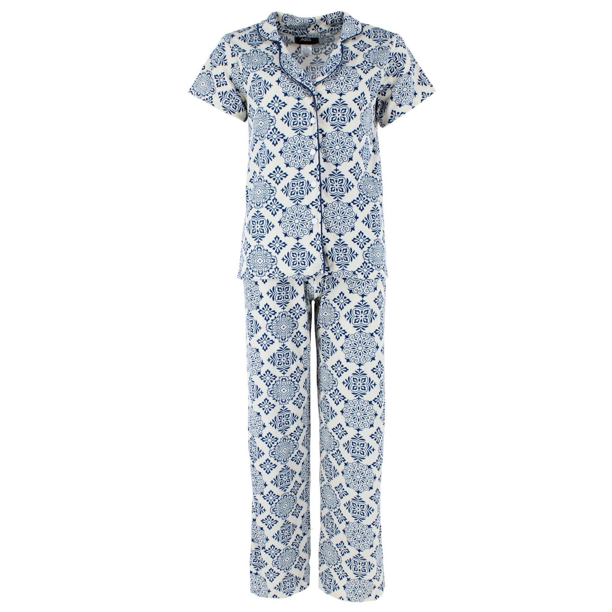 CTM Women's Patterned Button Down Short Sleeve Pajama Set