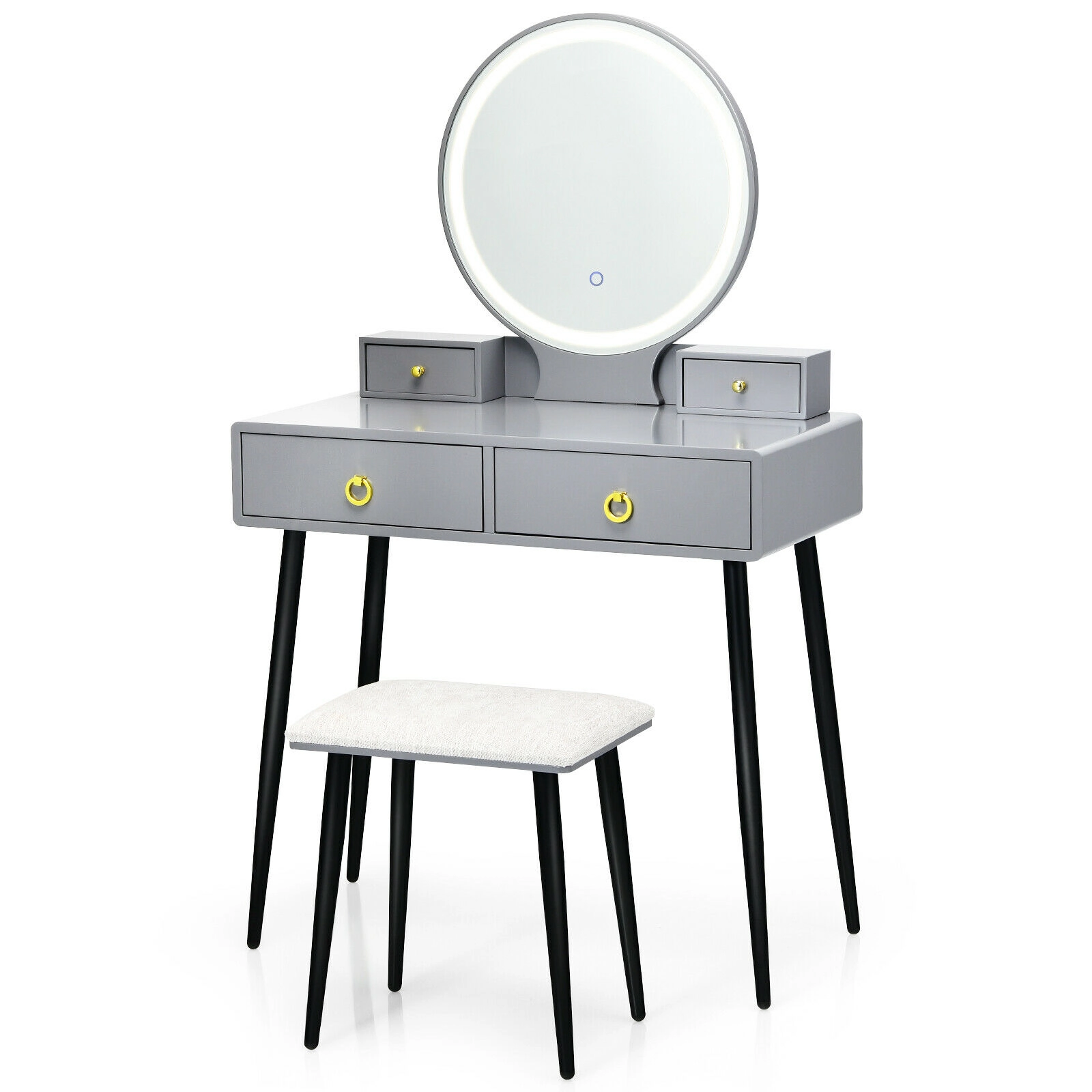 SUGIFT Gray 3-Color Lighted Mirror 4 Drawers and Cushioned Stool Vanity Table Set