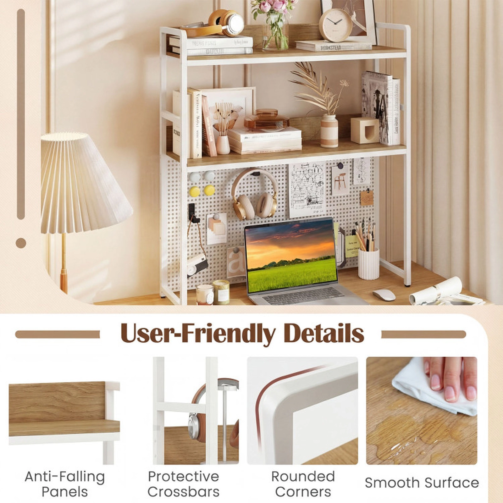 SUGIFT 2-Tier Desktop Bookshelf with Pegboard for up to 32-in Computer Monitor 55-lb Capacity per Tier Natural