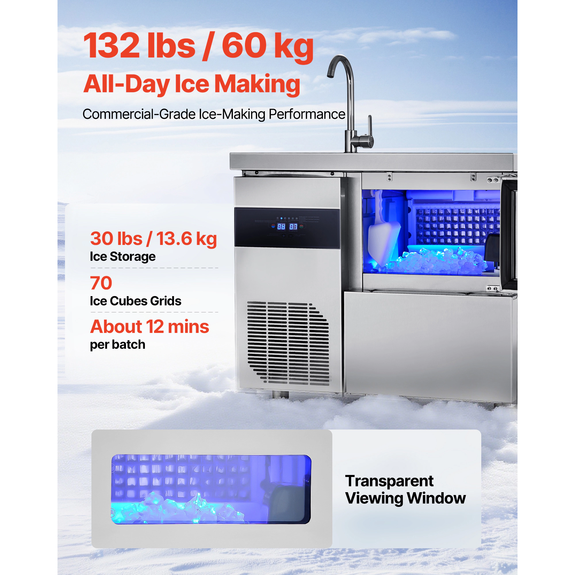 HONGGE Commercial Ice Maker Machine, Stainless Steel Ice Machine with Worktop, Storage & Cubes/Cycle