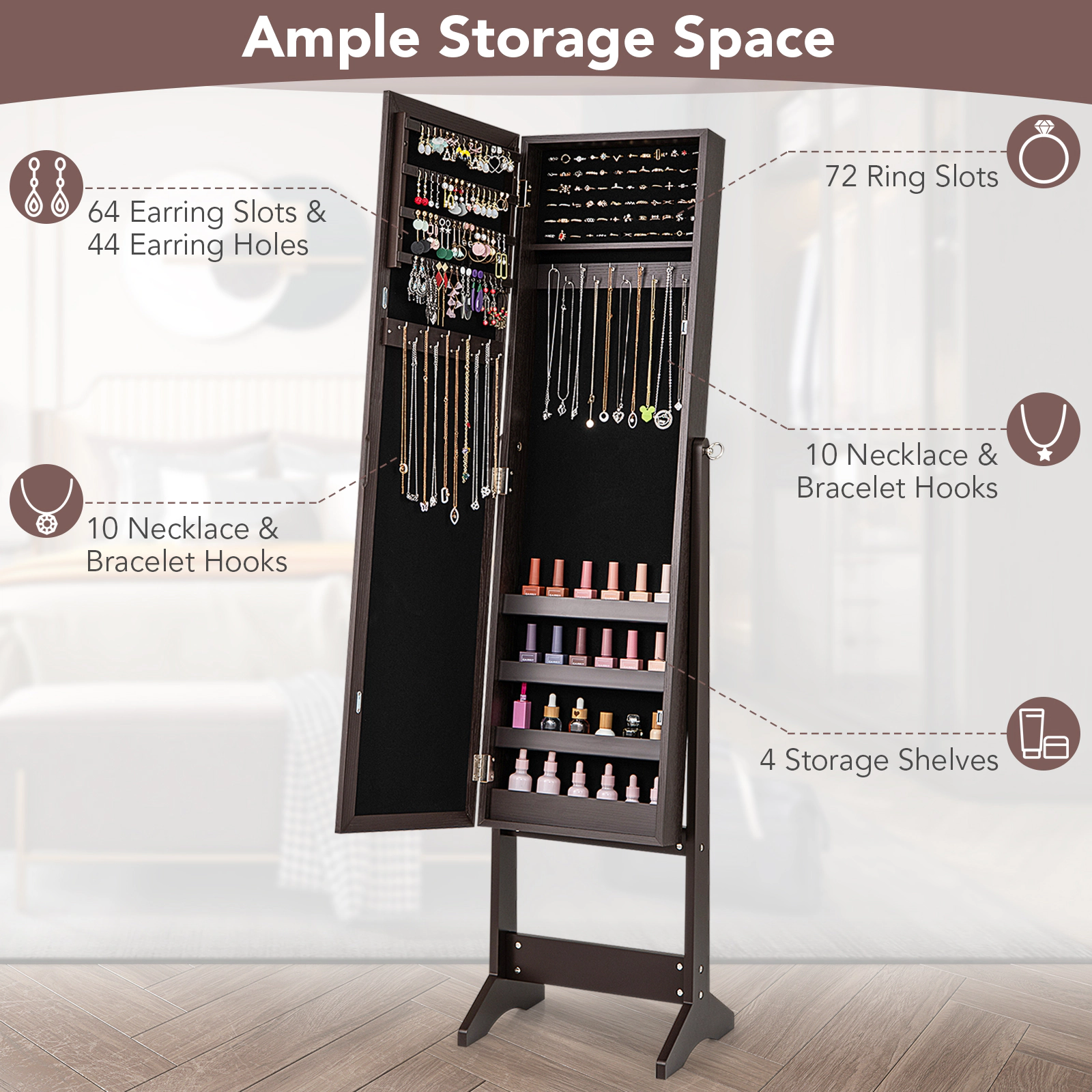 SUGIFT Rustic Brown Mirrored Standing Jewelry Cabinet Storage Box with 41-in Dressing Mirror and MDF Body