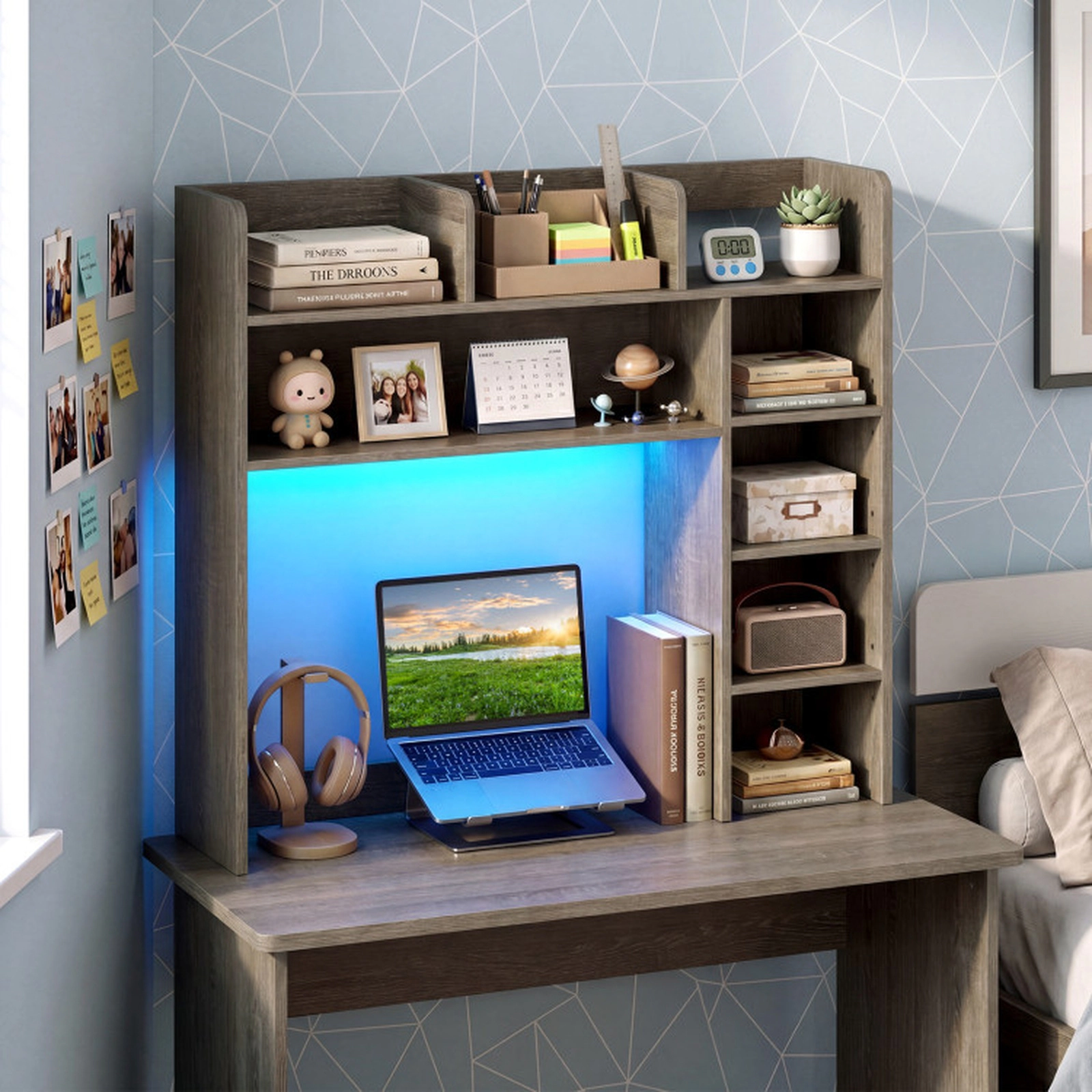 SUGIFT Desktop Bookshelf with RGB LED Lights Desk Hutch Organizer 35.5-in Wide 100-lb Top Shelf Capacity Oak