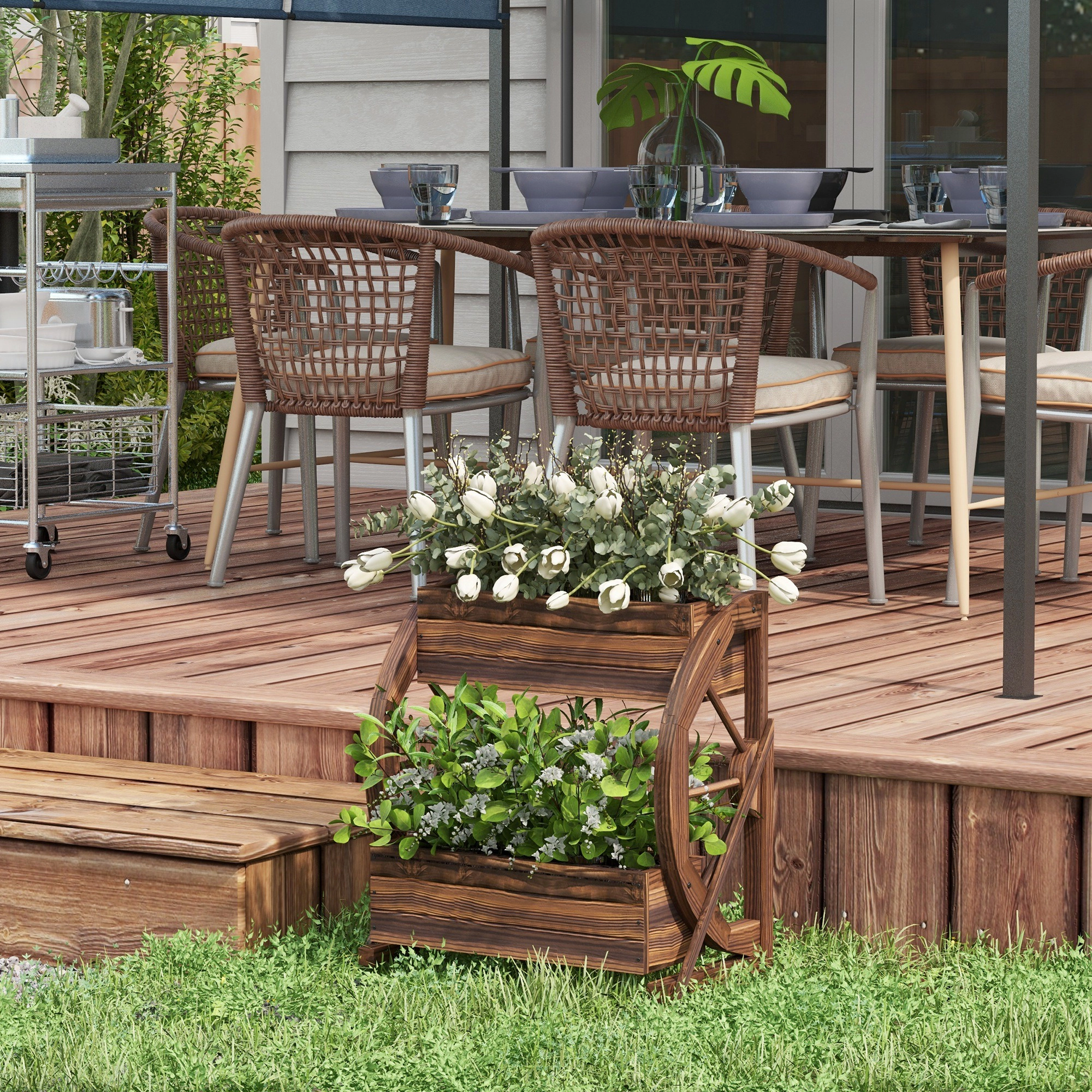 HONGGE Wooden Wagon Planter Box Raised Garden Bed for Vegetables Flowers Herbs