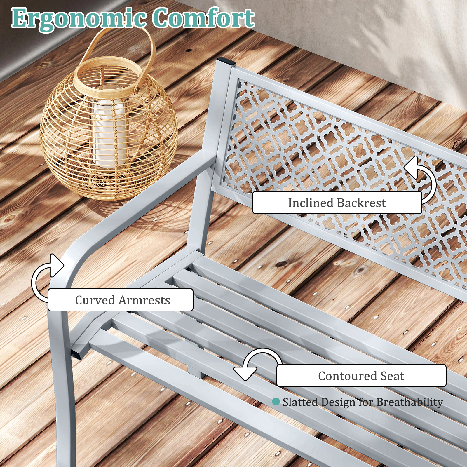 SUGIFT 50-Inch Black Steel Outdoor Garden Bench, 790-Lb Capacity, Geometric Lattice Backrest