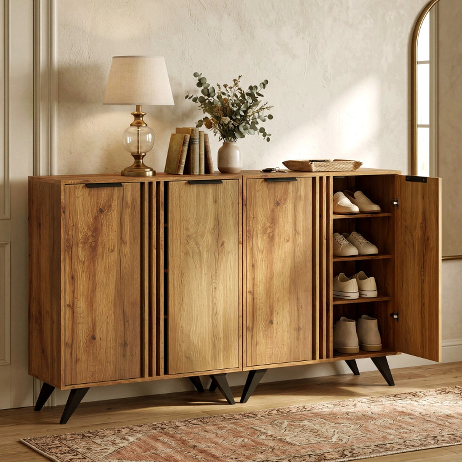 SUGIFT Natural 2 Doors and Ventilated Design 37.5 Inch 4-Tier Freestanding Shoe Cabinet