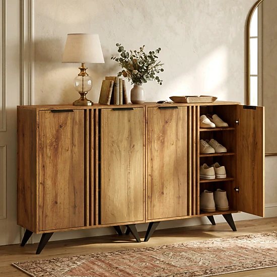 SUGIFT 4-Tier Natural Freestanding Shoe Rack Cabinet with 2 Doors and Ventilated Design 31.5-in W 37.5-in H