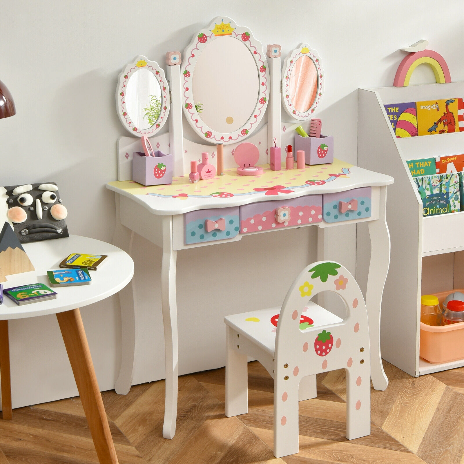 SUGIFT Kids Vanity Table and Chair Set, Tri-Fold Mirror, 3 Drawers, Detachable Top
