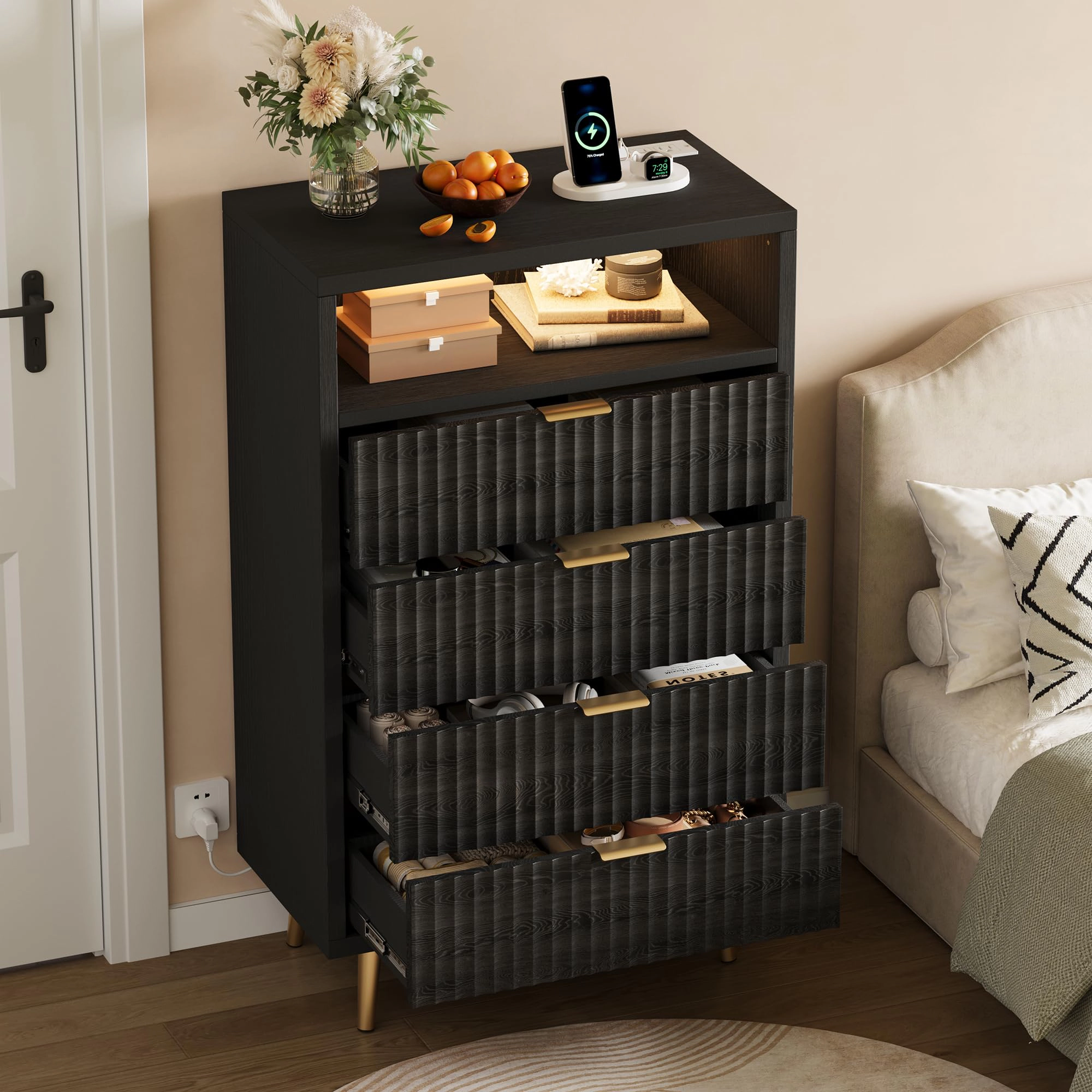 4-Drawer Dresser with Charging Station and RGB LED Lights, Storage Chest Open Compartment Gold Handles