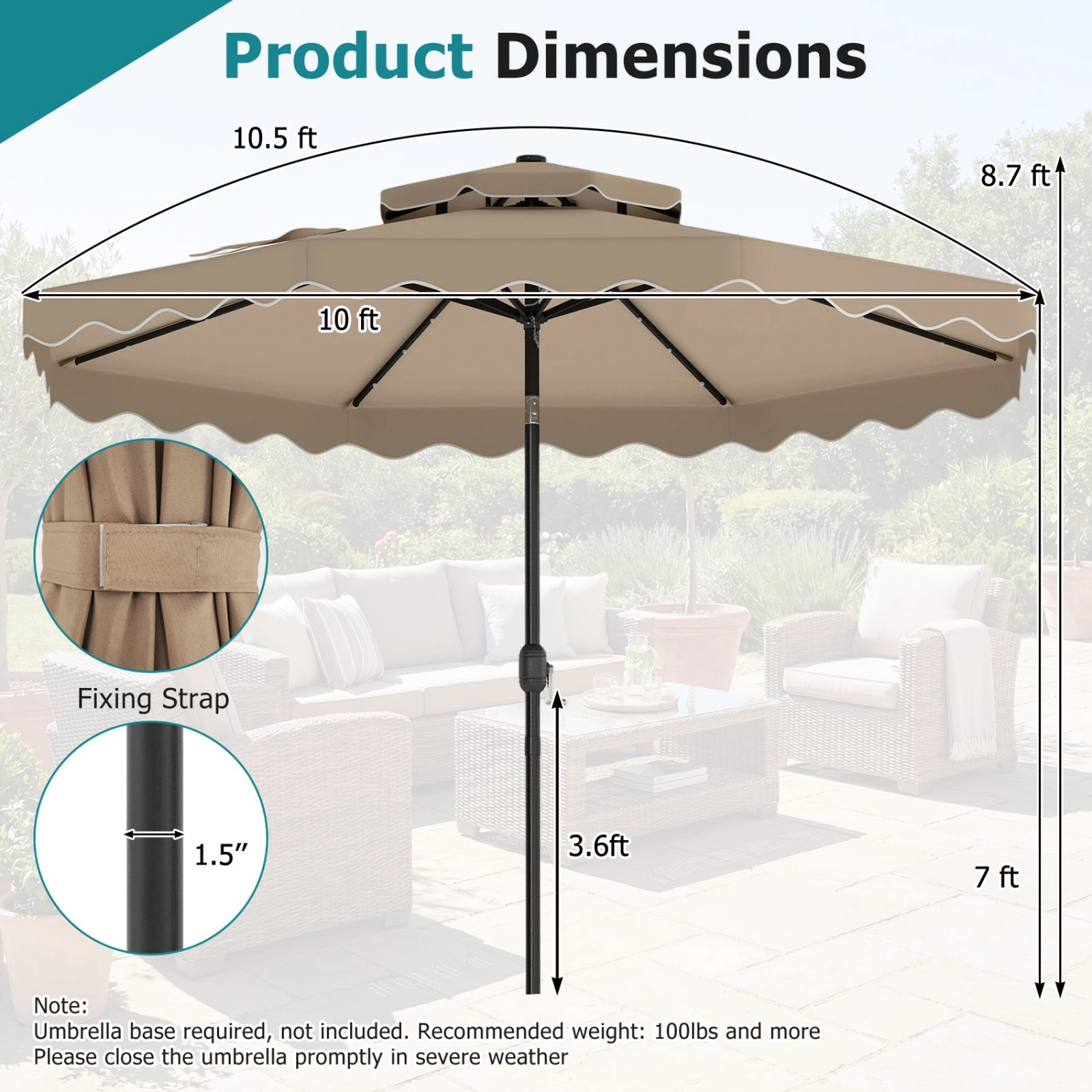 SUGIFT 10 ft Solar LED Patio Umbrella with 24 Lights and 10.5 Outer Canopy