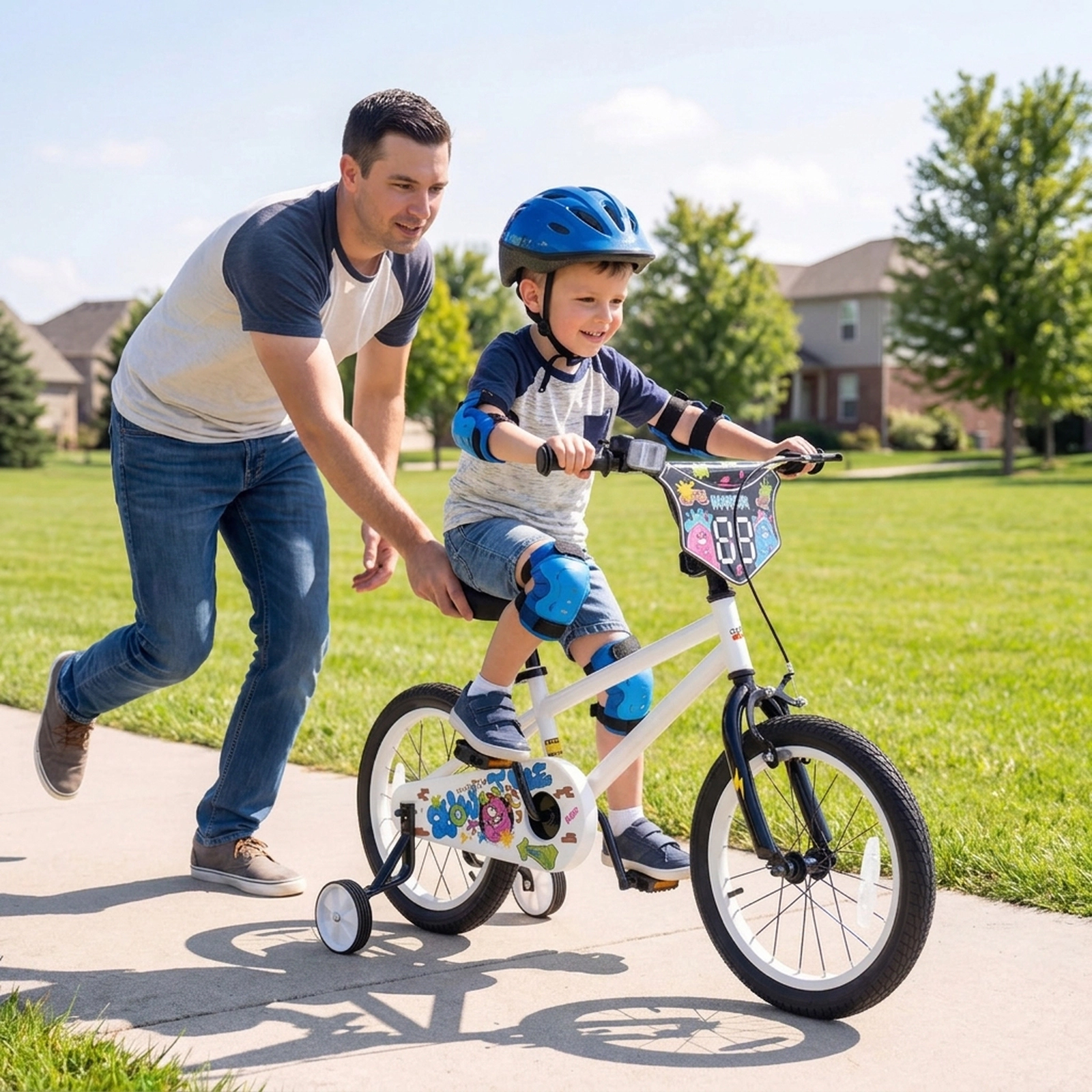 SUGIFT Adjustable 18-Inch Kids Bike with Training Wheels 130-lb Capacity Ages 4-8 White 50.5 x 21.5 x 33 in One Bike