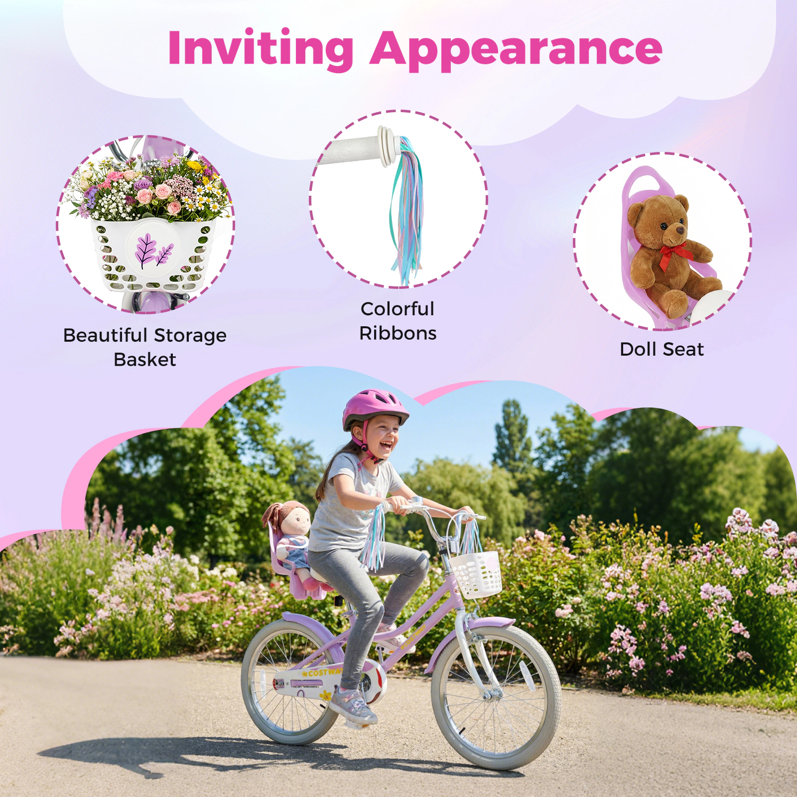 LJG Girls Bike Kids Bicycle with Doll Seat and Streamers