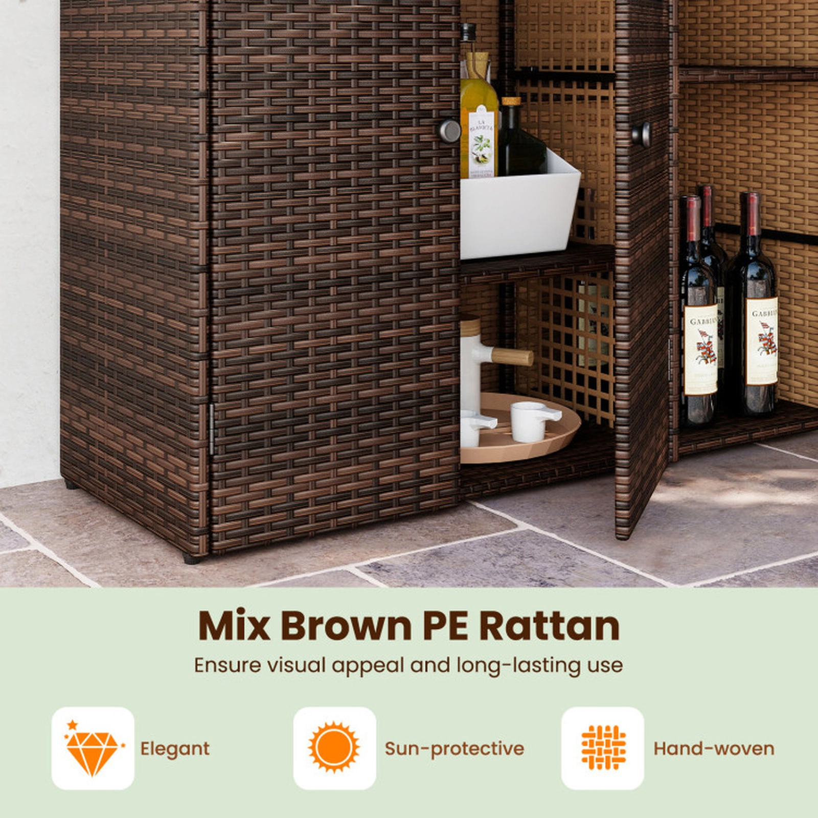 SUGIFT 3-Door Outdoor PE Wicker Storage Cabinet 110-lb Countertop 65-lb Shelf Capacity 39 x 15 x 37-in Mix Brown
