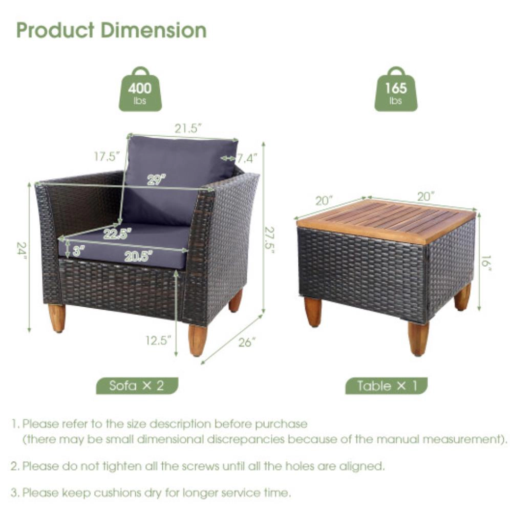 Hivvago 3 Pieces Outdoor Patio Wicker Furniture Set With Cushions And Acacia Wood Coffee Table-Gray