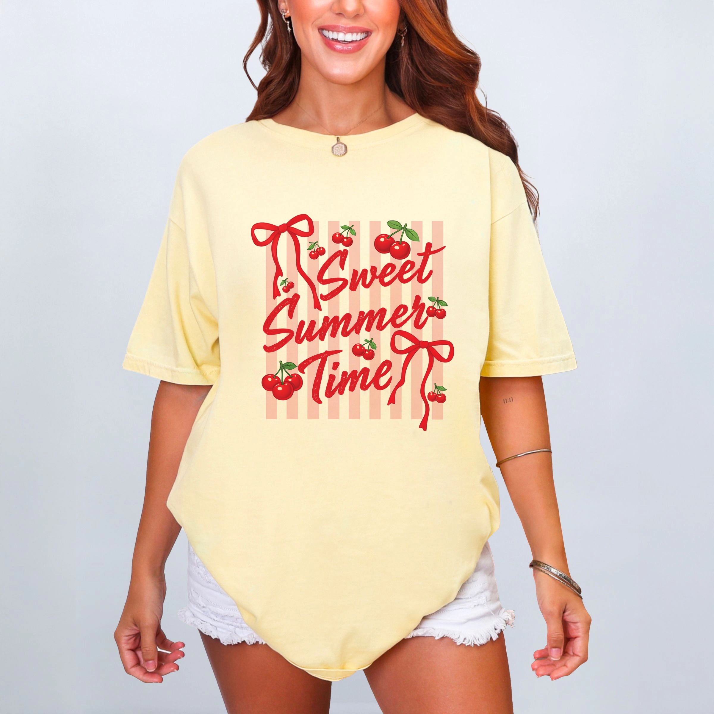 Simply Sage Market - Sweet Summer Time Cherries Coquette Women's Garment Dyed Graphic T-Shirt