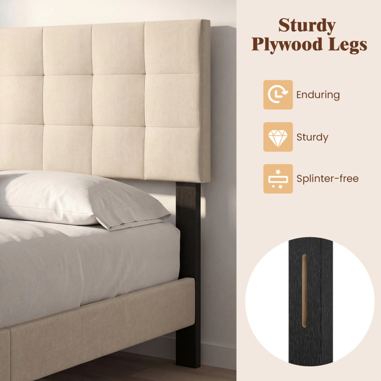 SUGIFT Quilted Grid Upholstered Panel Headboard for Full/Queen Beds 47-in Tall Beige Faux Linen