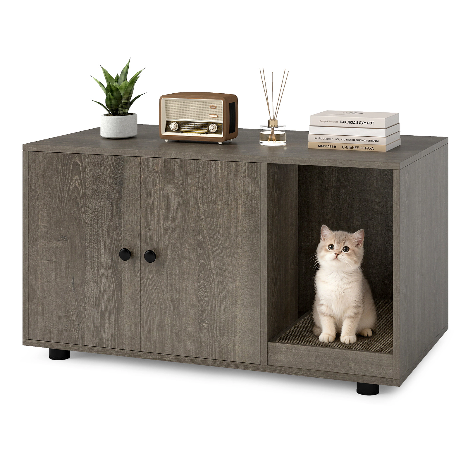 SUGIFT 35.5 x 20-in 88-lb Capacity Oak Wooden Hidden Litter Box Enclosure Furniture with Removable Scratching Board