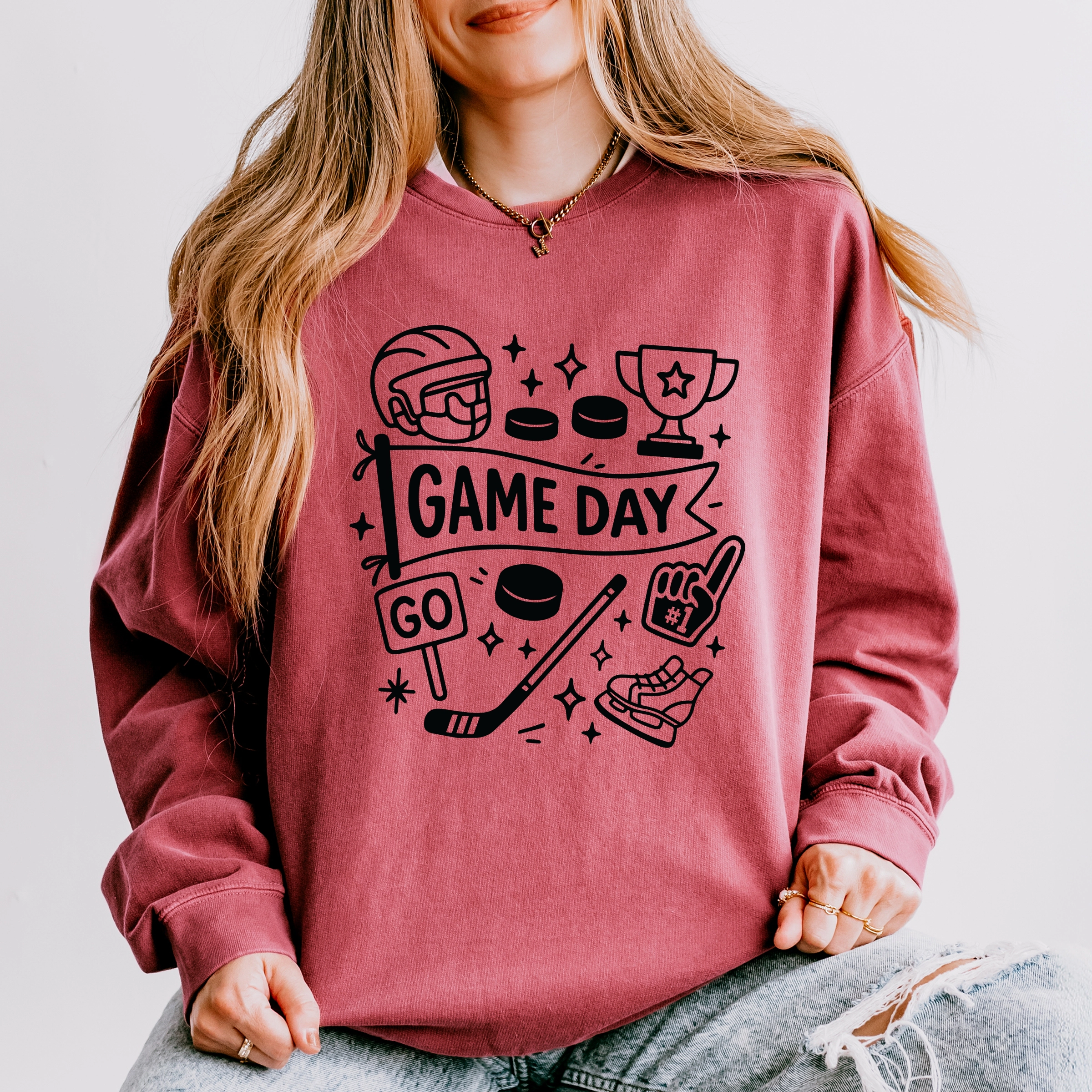 Simply Sage Market - Women's Lightweight Garment Dyed Sweatshirt Hockey Game Day Doodles