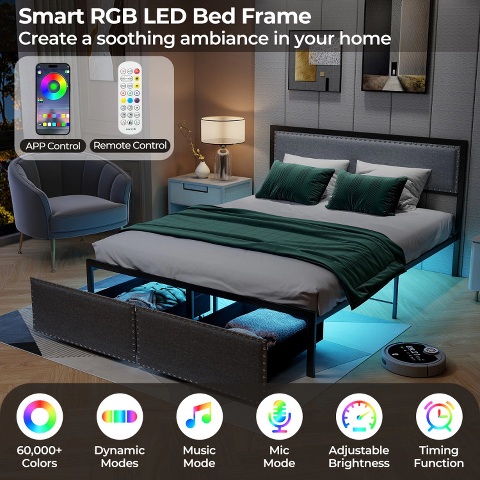 SUGIFT Gray LED Lights Storage Drawer and Metal Slats Queen Size Upholstered Bed Frame