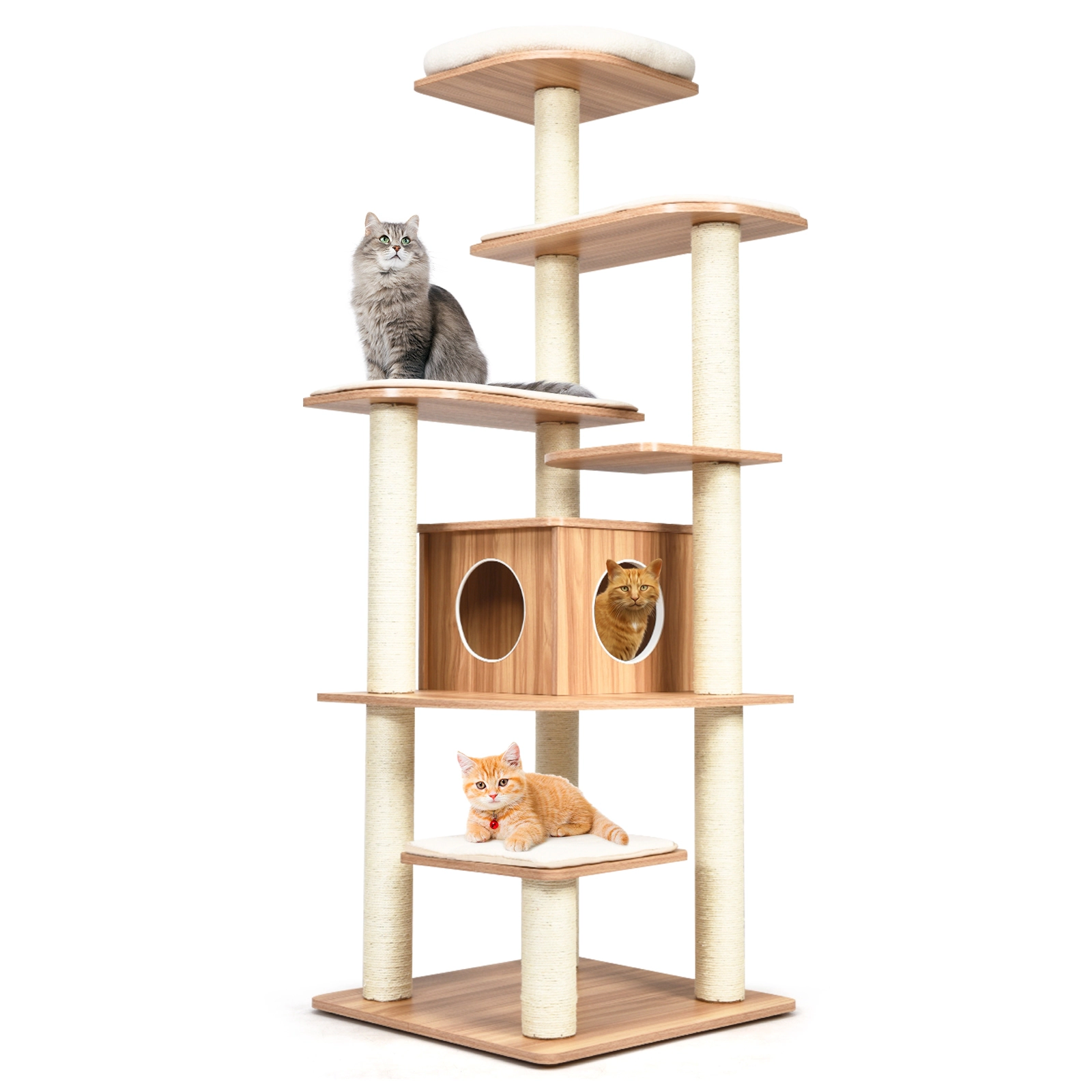 SUGIFT Natural 7-Layer Wooden Cat Tree 71 in Tall with Condo and Sisal Posts