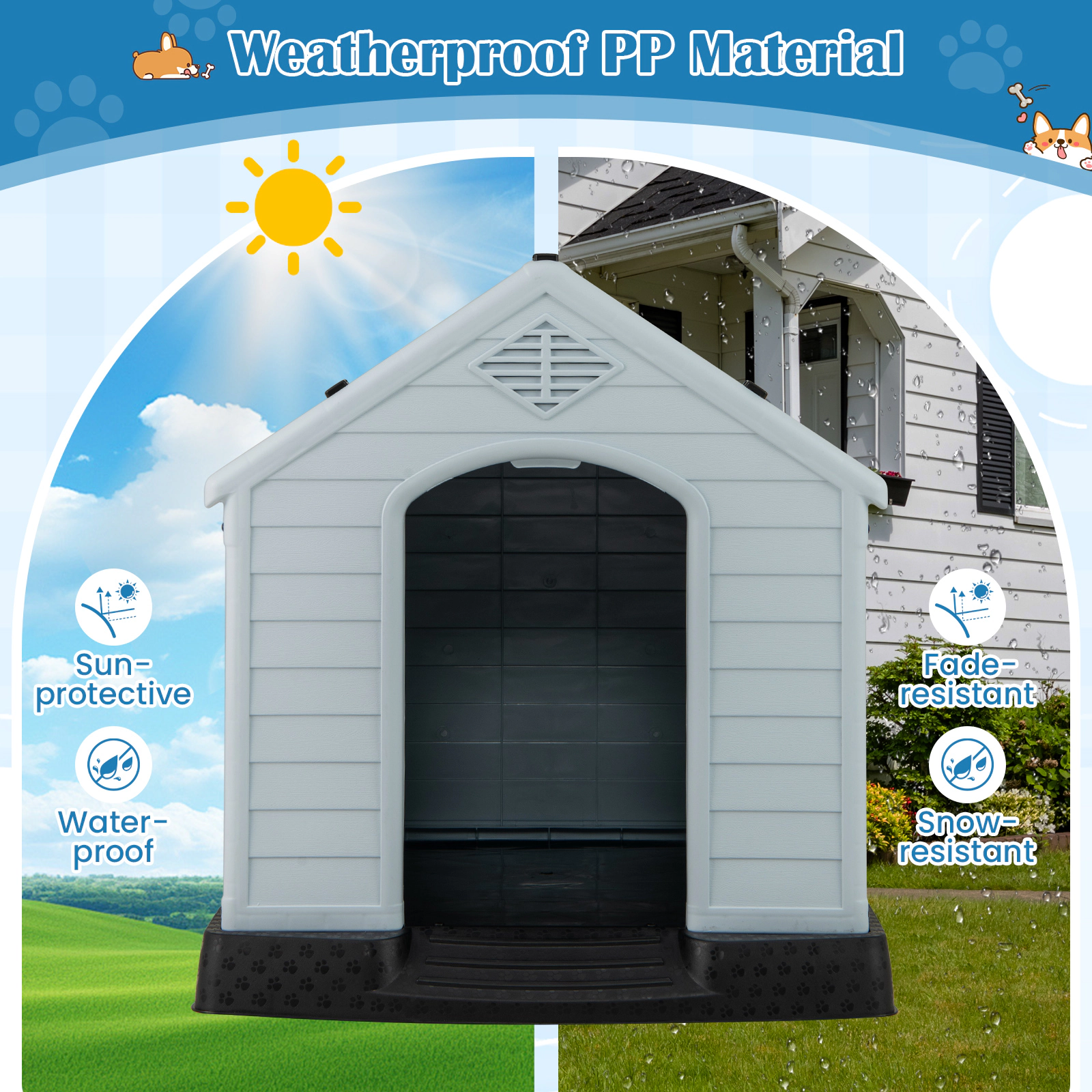 SUGIFT Waterproof Plastic Dog House with Elevated Floor for Small Dogs 28-in Tall Gray+White